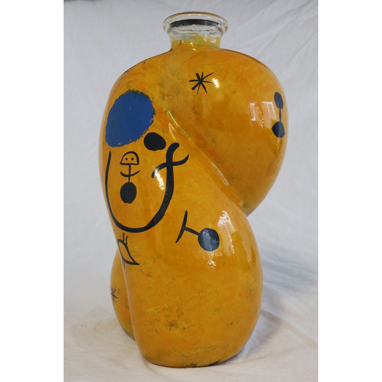 Vtg 1990's Large Hand Painted From The Inside Yellow Bulbous Vase Abstract Design Studio Art Glass