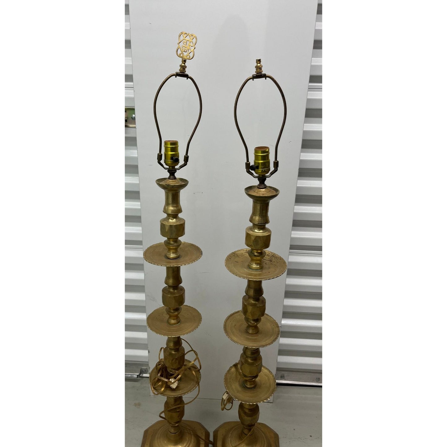 Vintage 1965 Moroccan Tall Solid Brass Candle Holders Converted Into Floor Lamps 47" Tall Handmade