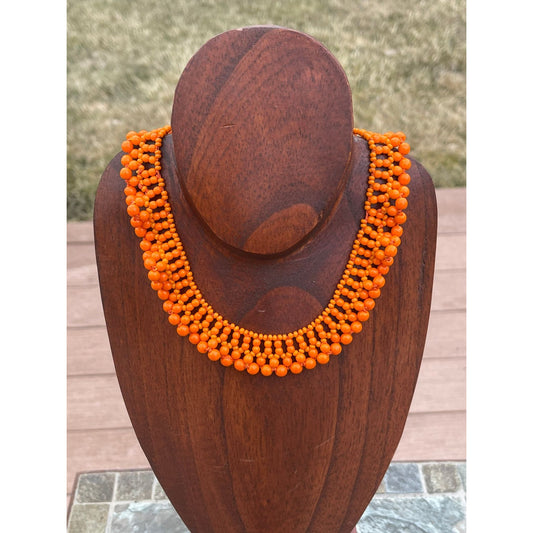 Vintage 1940's Handmade Bright Orange Beaded Collar Necklace Woven Various Size Beads Lovely Clasp