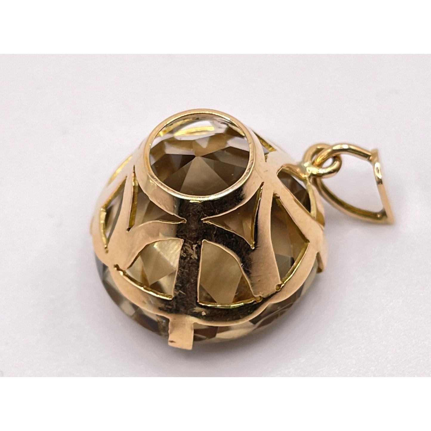 Vtg 1960's 14 Karat Rose Gold Smoky Quartz Topaz Pendant 12.2dwt Round Faceted Brown Fancy Basket Mount