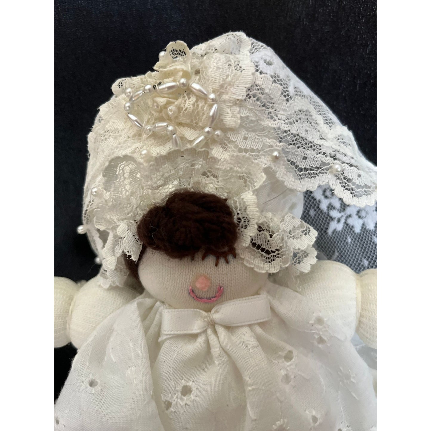 Vtg Handmade Little Girl Wedding Dress Doll With Long Lace Train And Pearl Beads