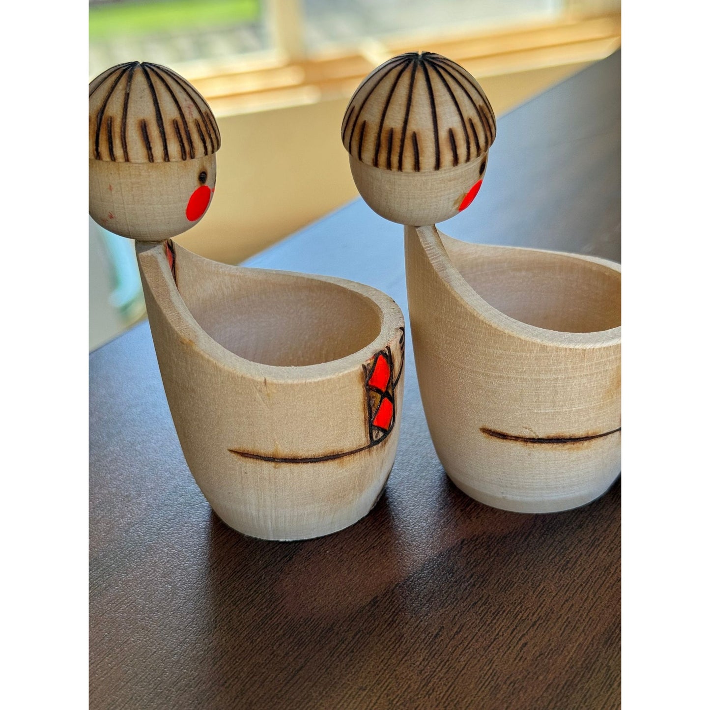 Vintage 1979 Pair of Russian Wooden Folk Art Dolls "Salt Shaker" Original Label Made In USSR Hand Painted