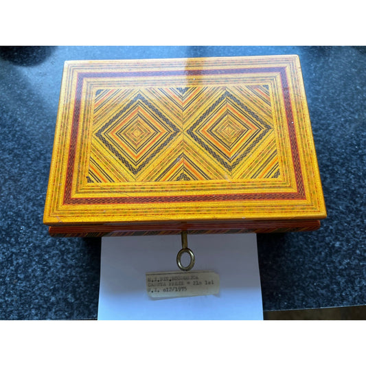 Vintage 1975 Handmade In Romania Marquetry lacquered Inlay Wooden Box Mirror Inside Key For Locking Box Original Paperwork