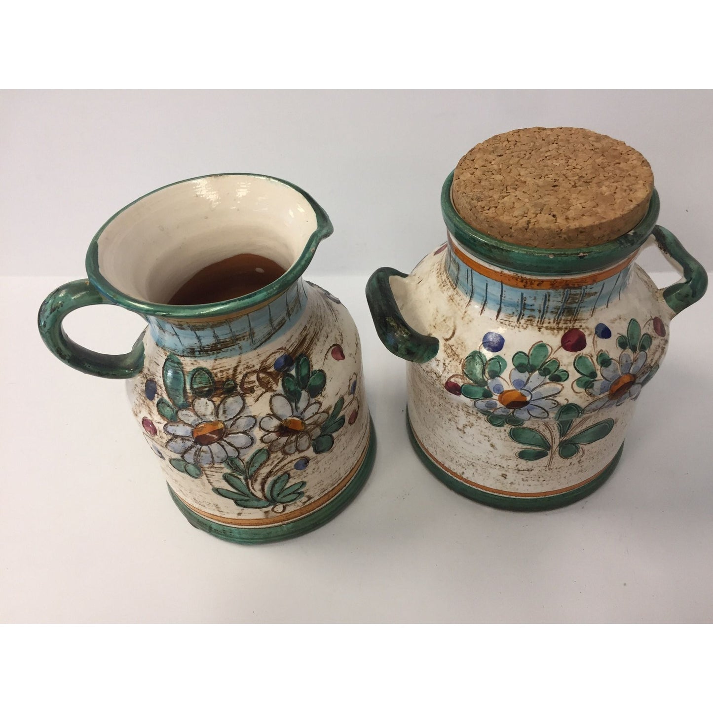 Vtg Deruta Italian Ceramic Pottery Rooster Pitcher & Vase With Cork Lid Made In Italy Blue Flowers Set Of Two