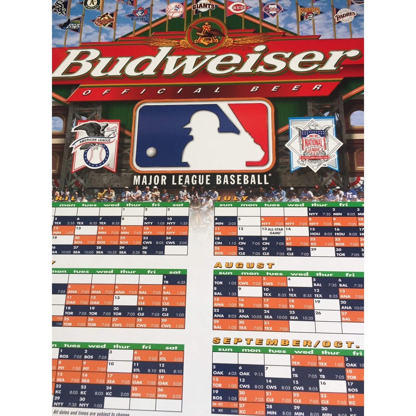 Detroit Tigers 1999 Budweiser MLB Poster Baseball Schedule Official Beer American League Bud Light