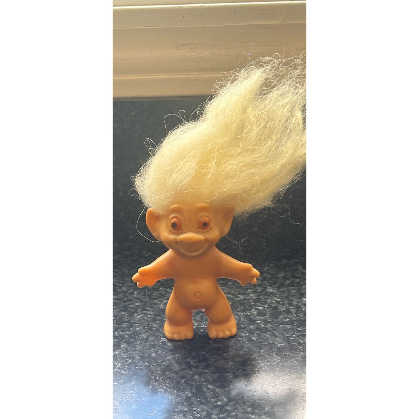 Vtg 1960's Rootie Tab Neck 3” Troll Doll with White Hair and Bulgy Orange Eyes Handmade Orange Dress With Heart