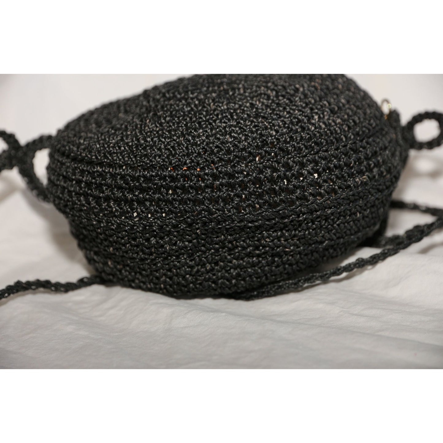 Vintage 1960's Crochet Round Purse Shoulder Crossbody Bag Black Handmade Zipper Closure