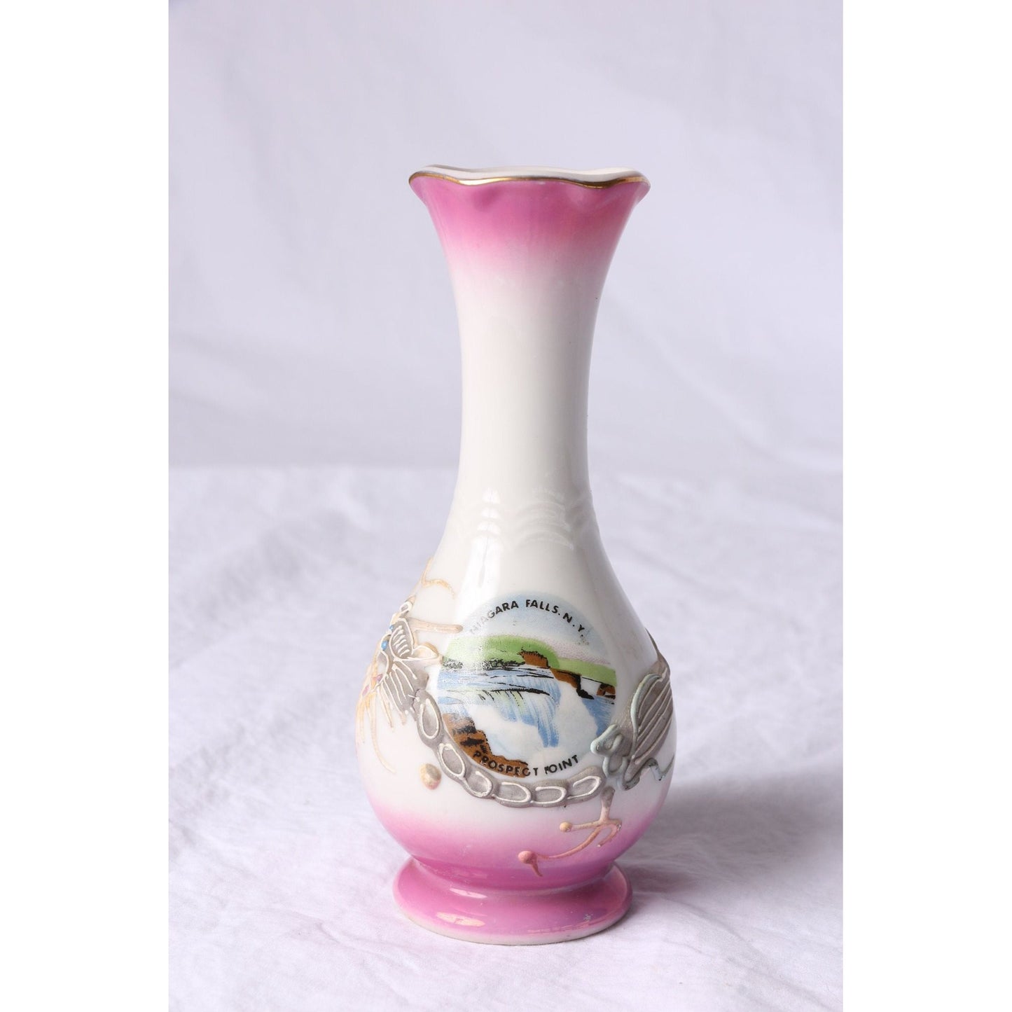 Vintage Niagara Falls, N. Y. Prospect Point Souvenir Vase Pink & Gray Dragonware Made In Japan