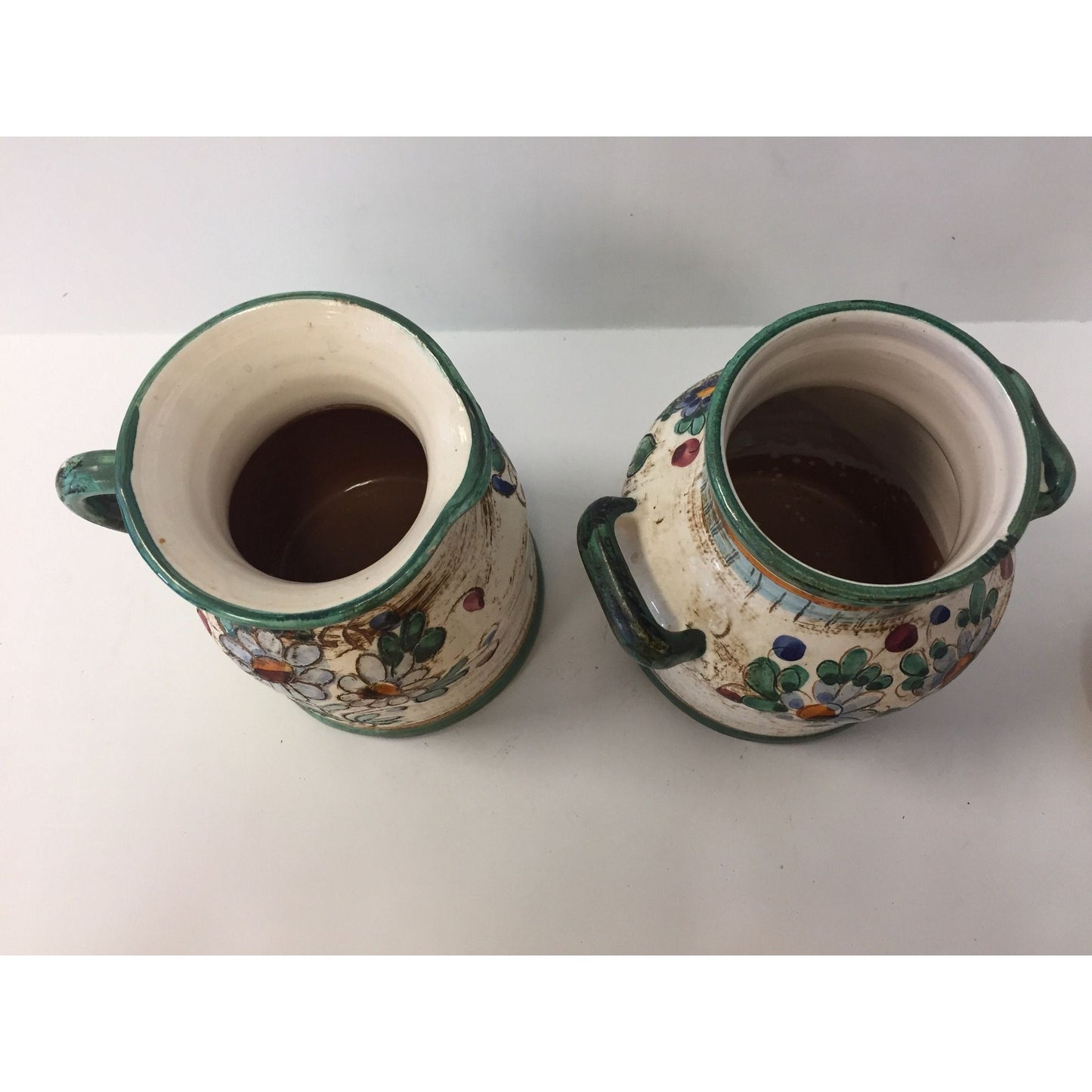 Vtg Deruta Italian Ceramic Pottery Rooster Pitcher & Vase With Cork Lid Made In Italy Blue Flowers Set Of Two