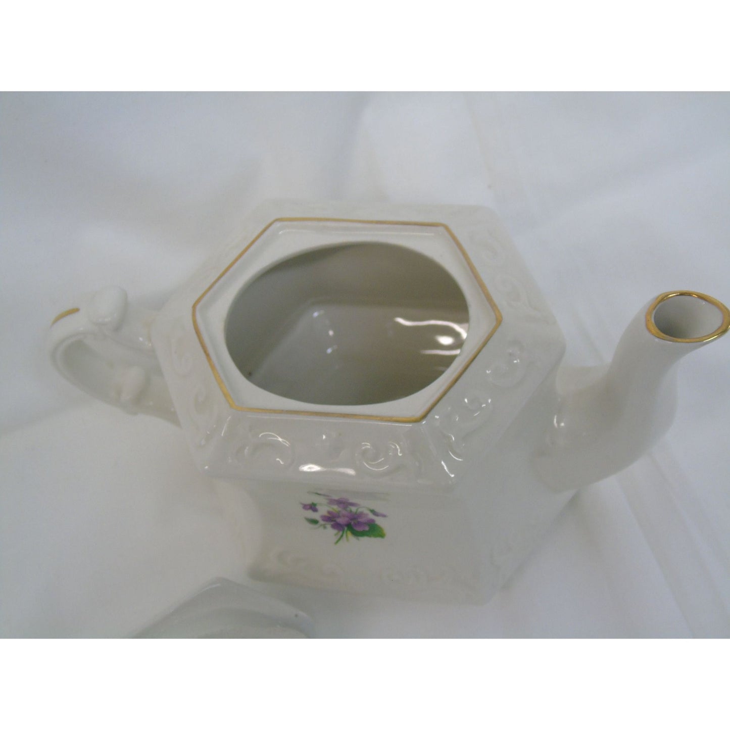 Vintage Ellgreave Genuine Ironstone Floral Teapot made in England Purple Flowers Hexagon Gold Accents