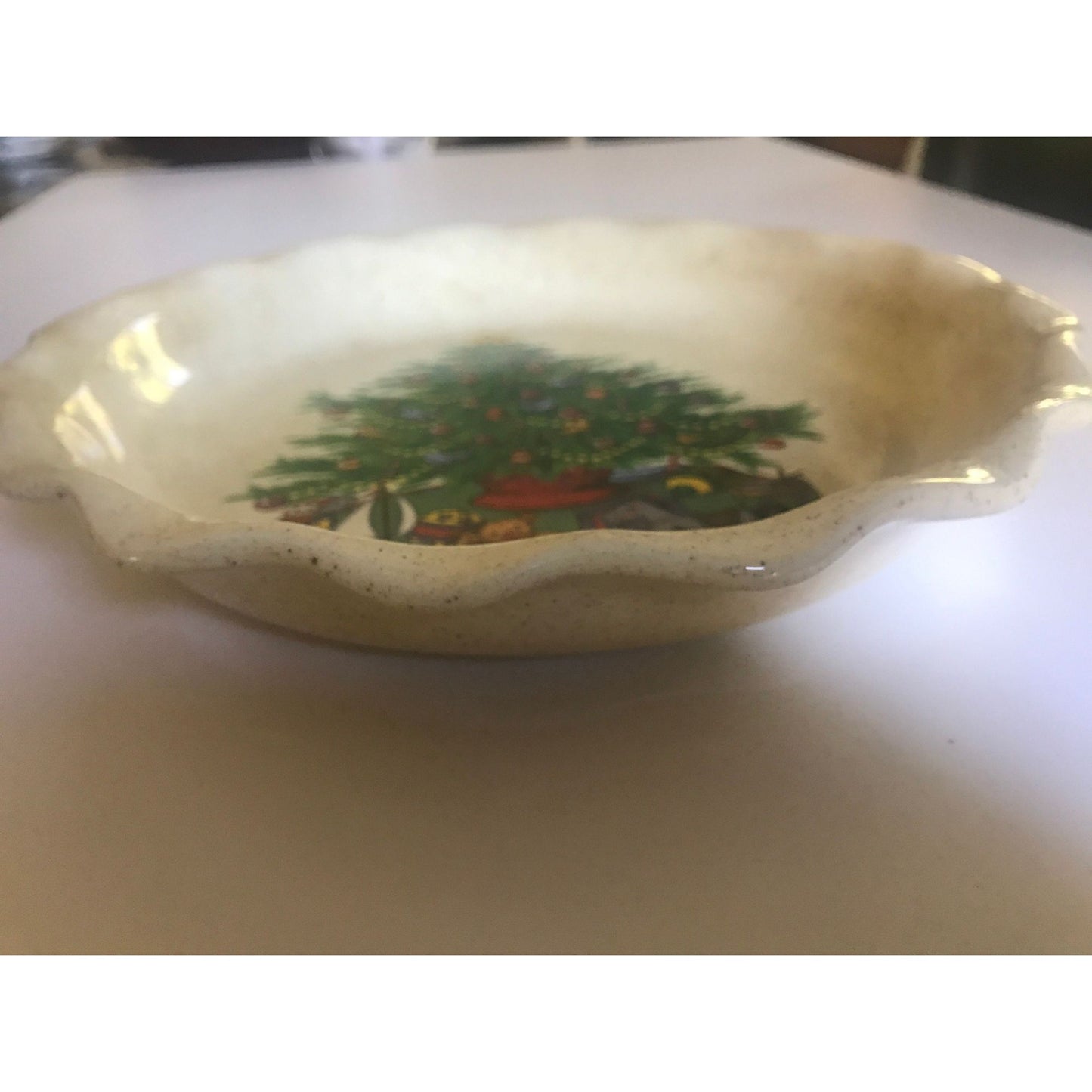 Vtg Christmas Tree With Toys Pie Tart Ceramic Dish Handmade 10" One Of A Kind Serving Piece