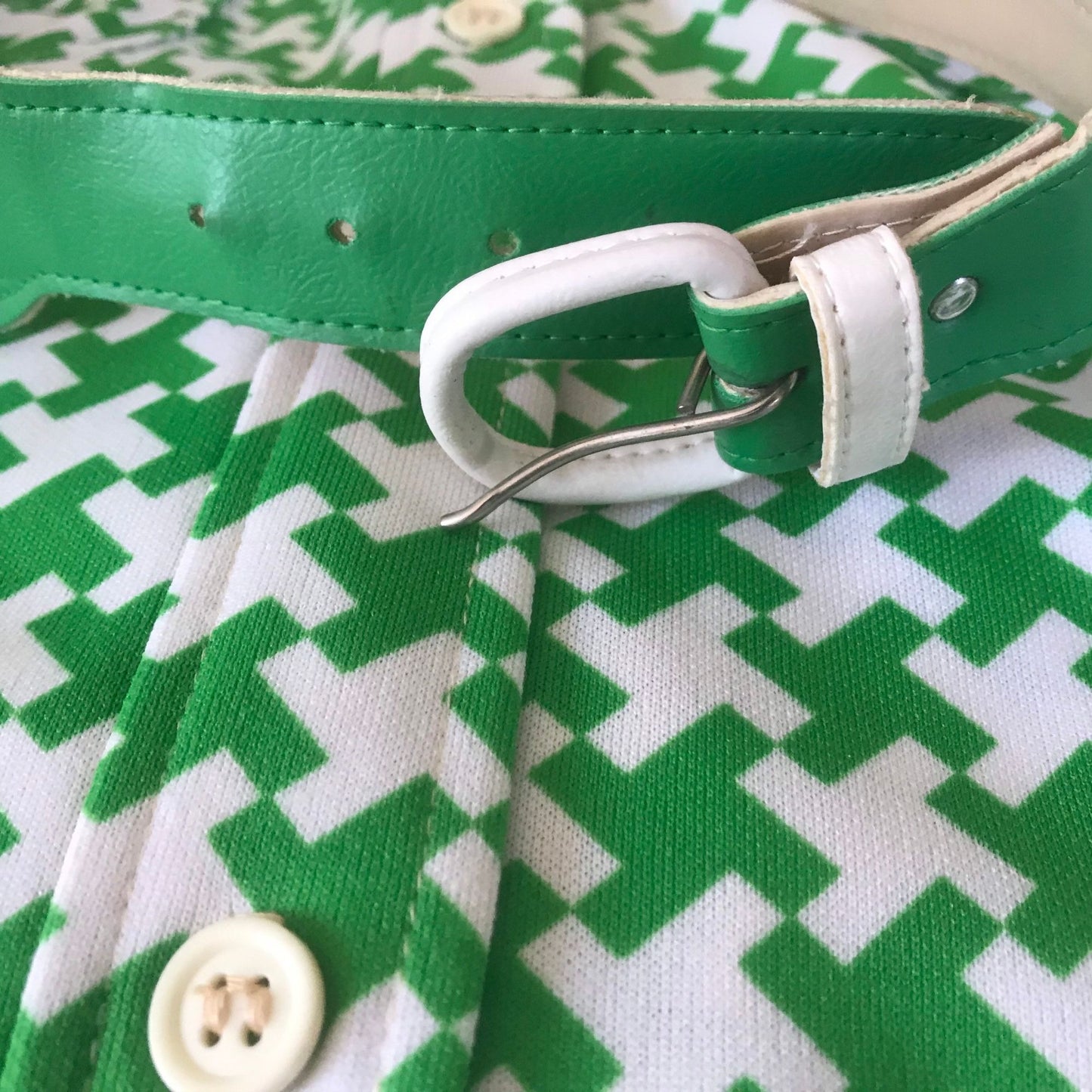 Vtg Maxi Dress Women’s Saks Fifth Avenue Green & White Abstract Pattern 2 Tone Leather Belt Size 14