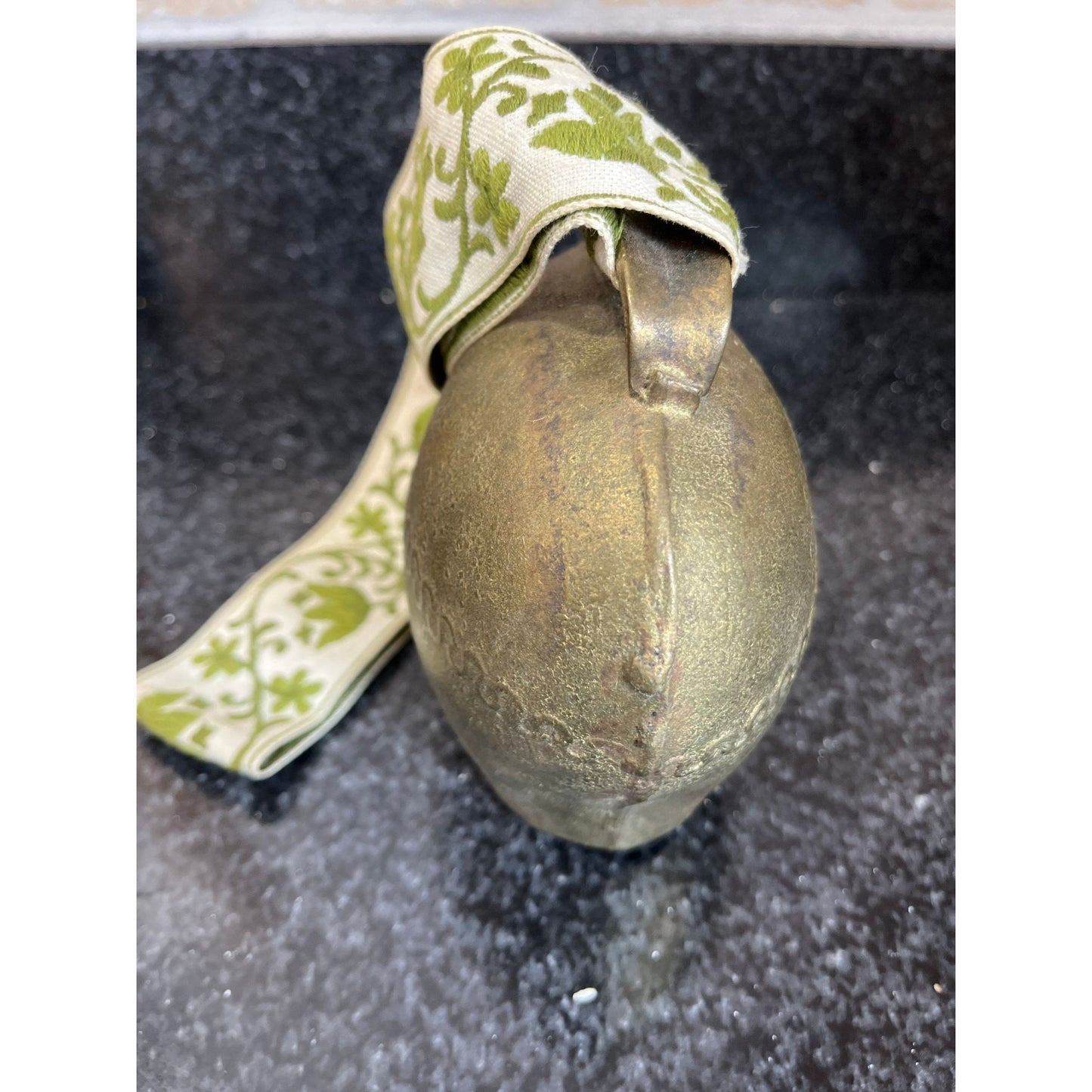 Vintage Austrian Cow Bell Original Label Brass Hand Hammered Bell On Hand Embroidered Green White Floral Strap