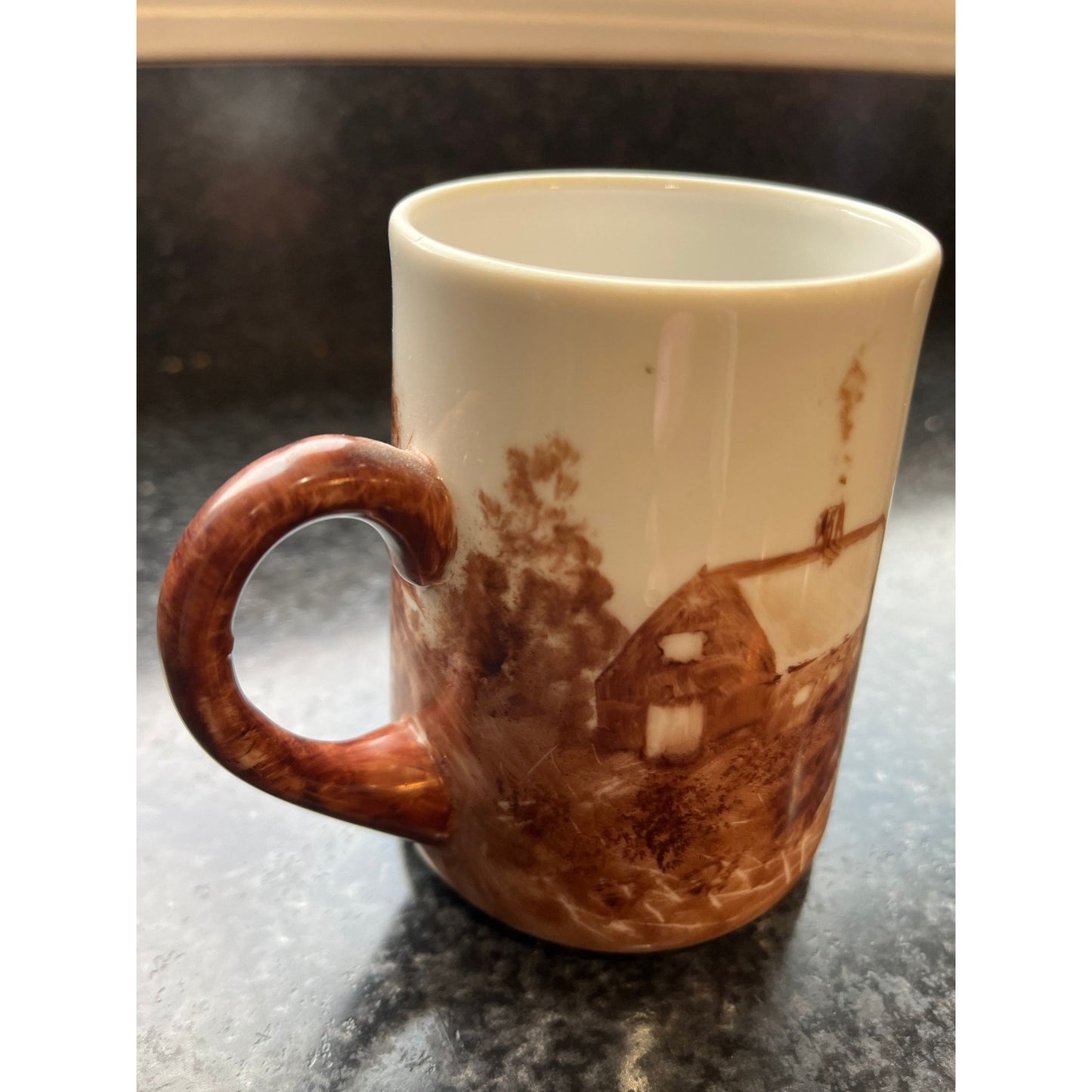 Vintage 1970's Coffee Tea Hand Painted Ceramic Mug By Martha Morey Signed By Artist Brown Country Side Scene