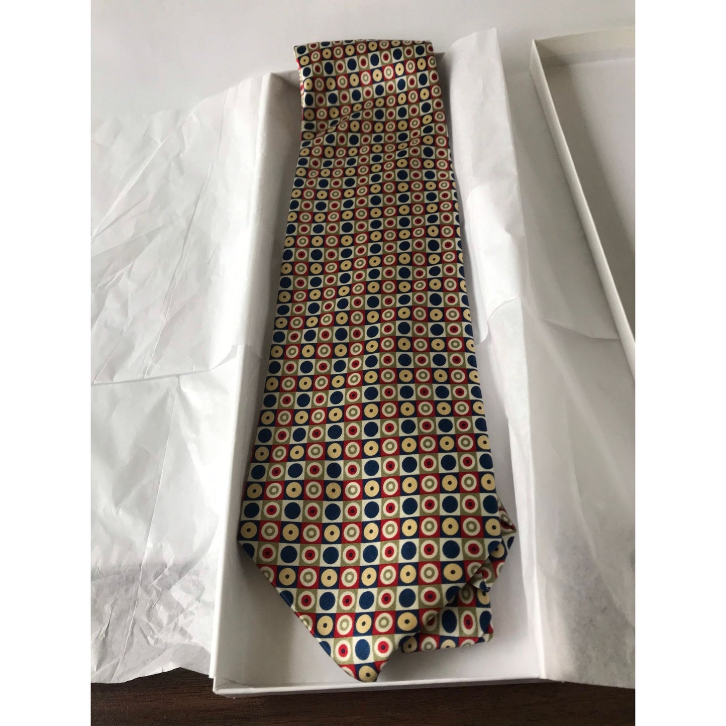 Vintage Men’s Tie By Tongue Tied 100% Silk Red Blue Yellow Geometric Pattern Tom McLellon