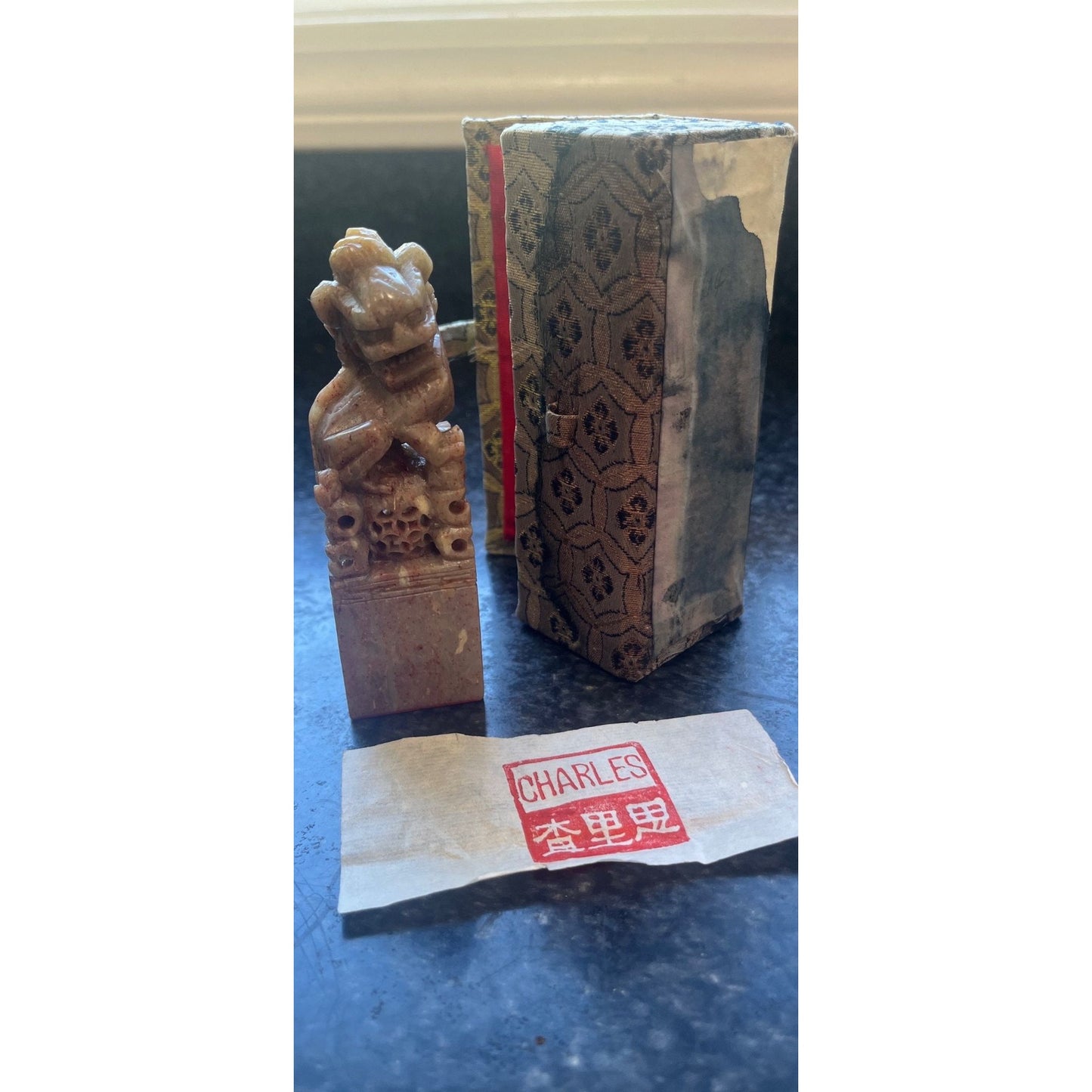 Vintage Chinese Foo Dog Seal Chop Stamp "CHARLES" Square Hand Carved Rose Gray Marbled Soapstone Sculpture In Original Box