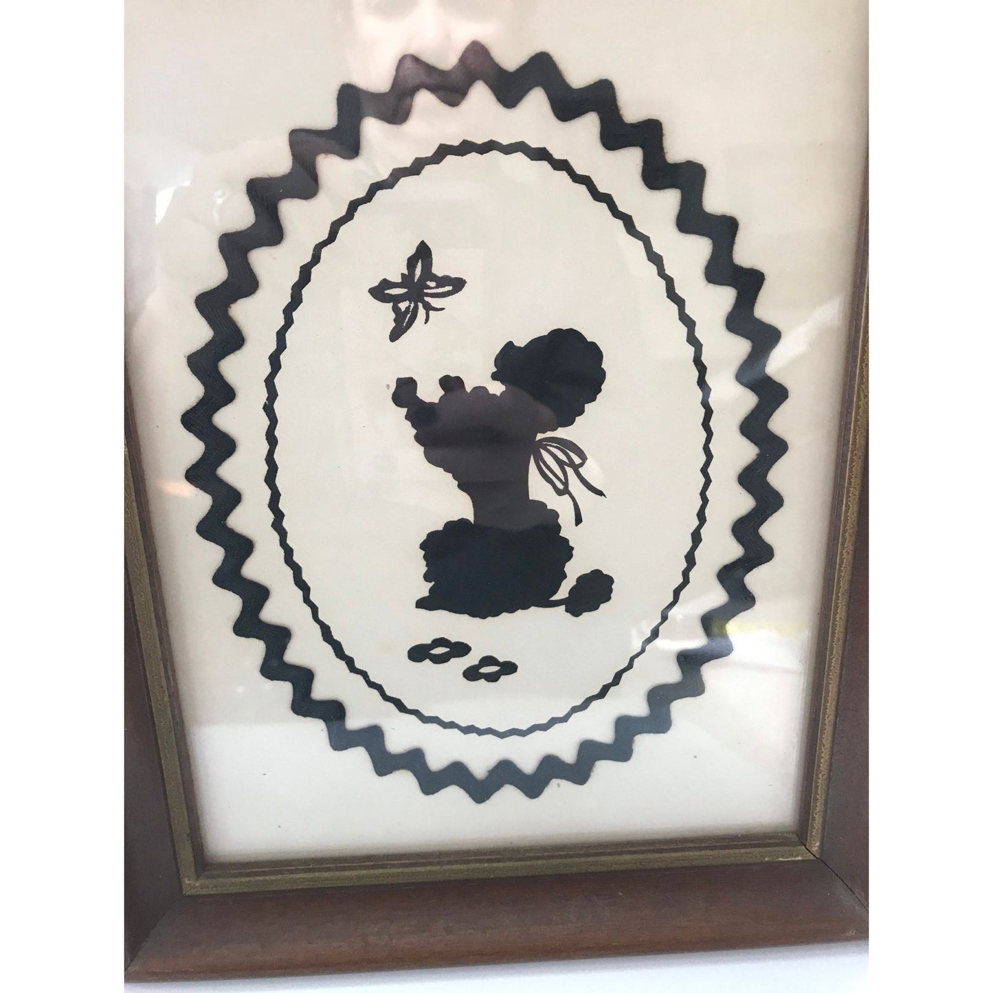 Vintage Handmade Poodle With Butterfly Silhouette Black & White Black Bric-A-Brac Framed