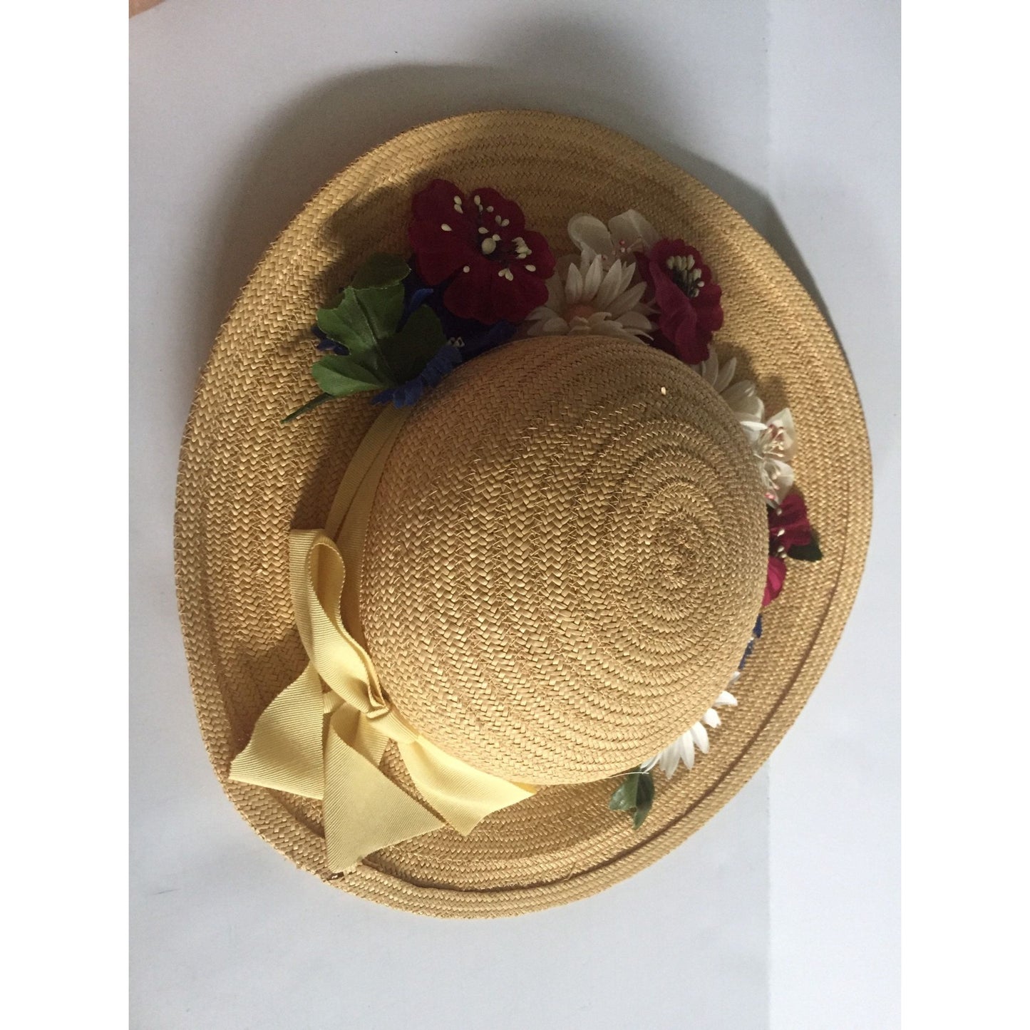 Vintage 1960's Women's Hat Styled By Cinderella New York Straw With Flowers & Yellow Bow Elastic Neck Band Excellent Conditon