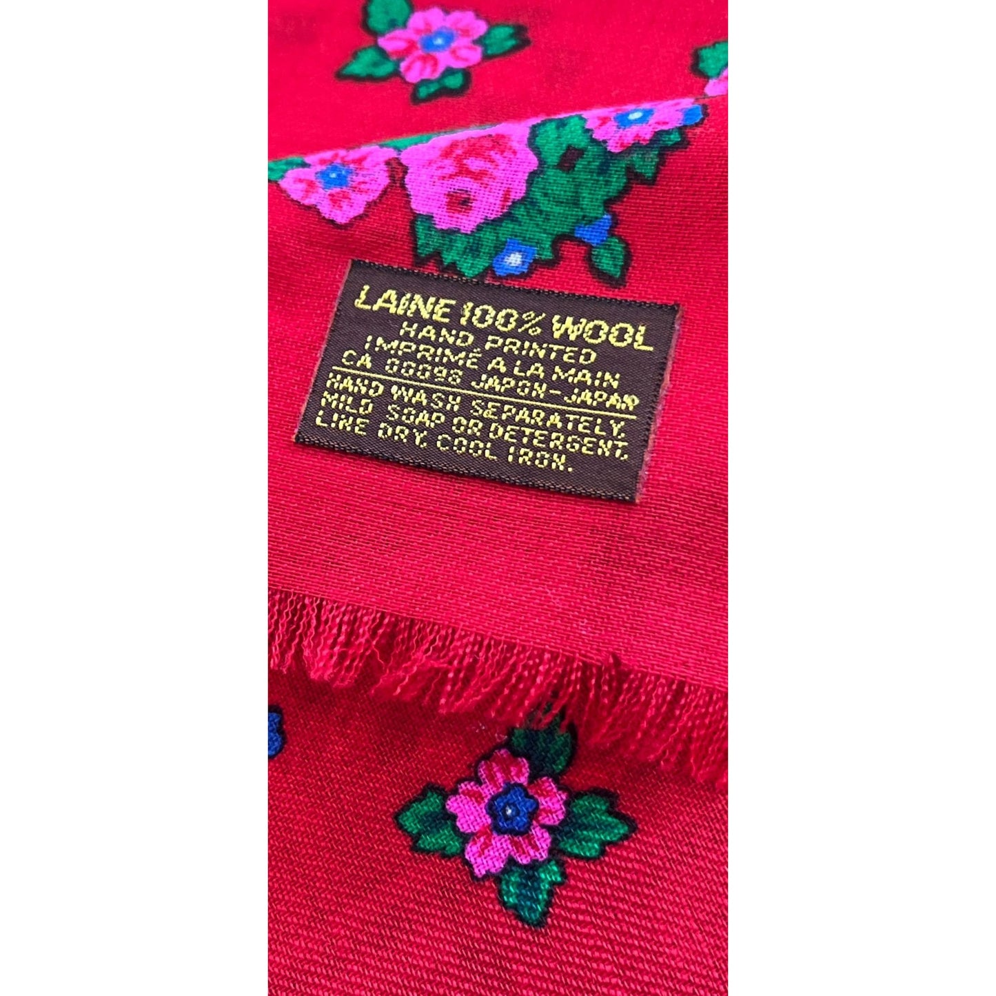 Vintage 1970’s LAINE 100% Wool Red Floral Scarf Handprinted Japan CA 00098