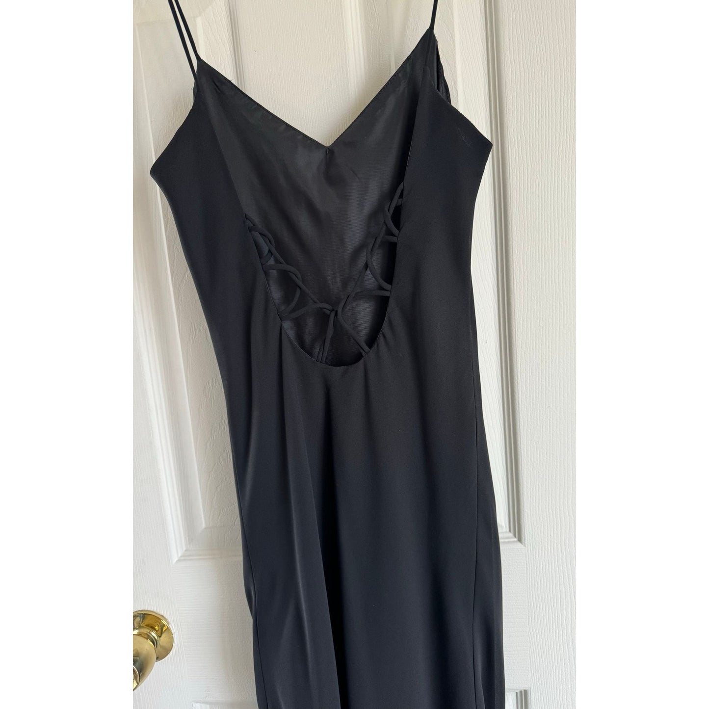 Vintage Hampton Nights Black Maxi Dress Full Length Spaghetti Straps Vents On Each Side 20" Open Back Loops Size 2