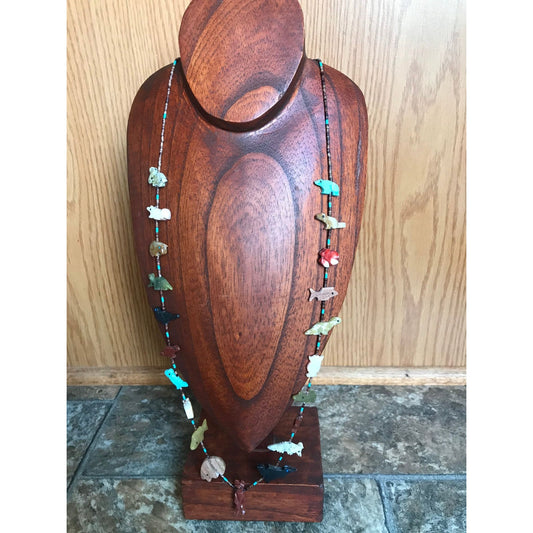 Vtg Zuni Fetish Necklace Native American Hand Carved Brown Bear Center Various 21 Animals & Stones