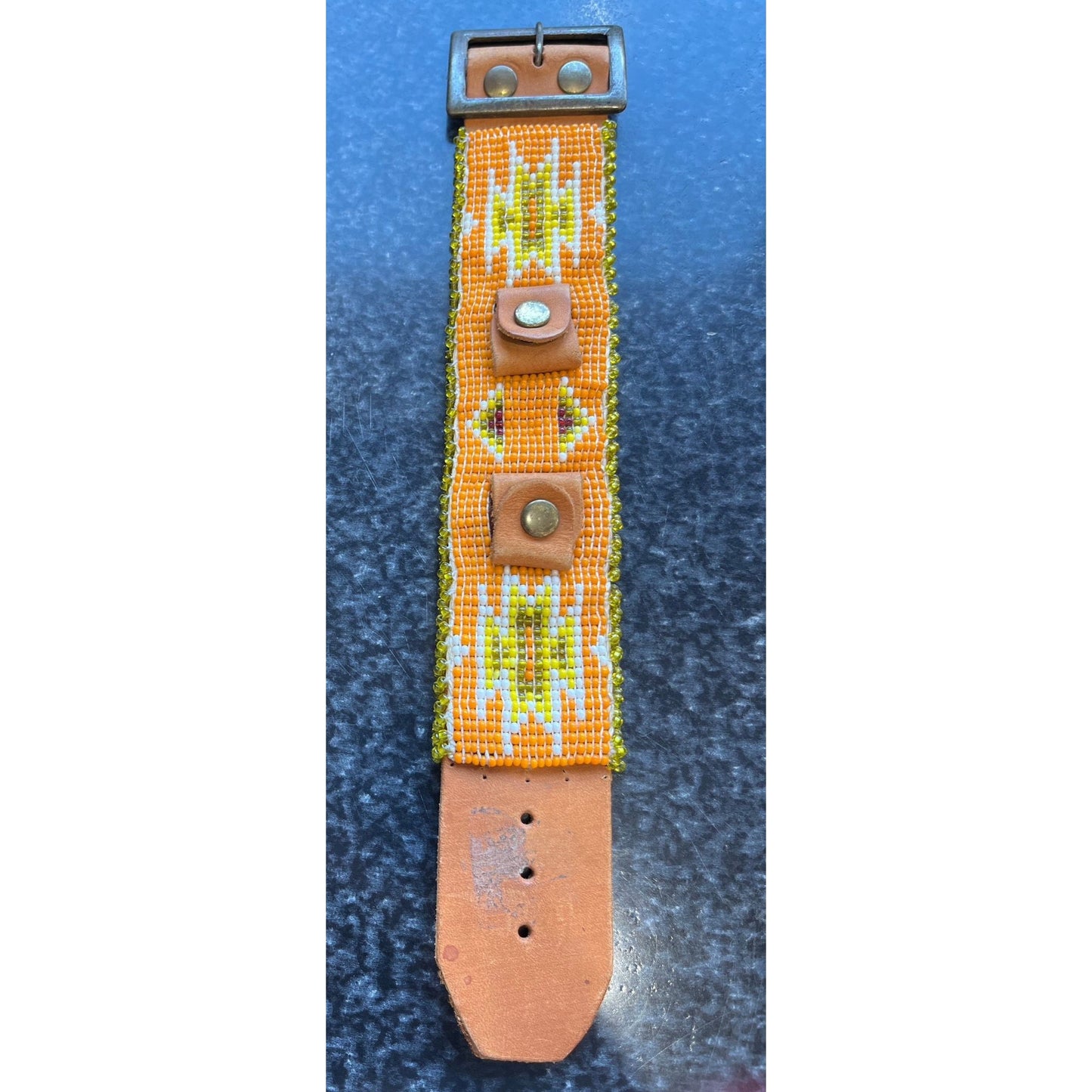 Vtg 1960's Hand Beaded Leather Watch Band Orange White Yellow Green Beading Metal Buckle Snap Closure Pan Tribal