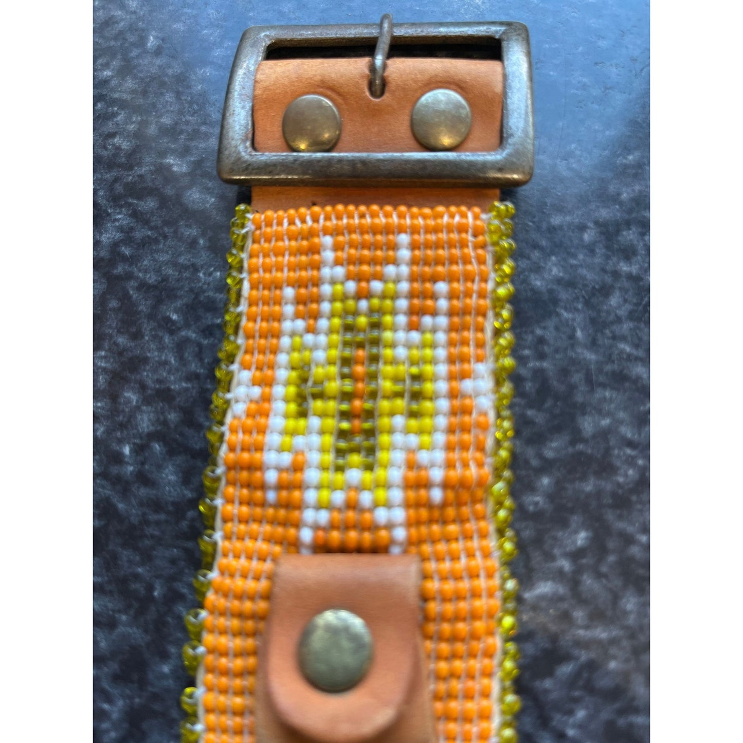 Vtg 1960's Hand Beaded Leather Watch Band Orange White Yellow Green Beading Metal Buckle Snap Closure Pan Tribal