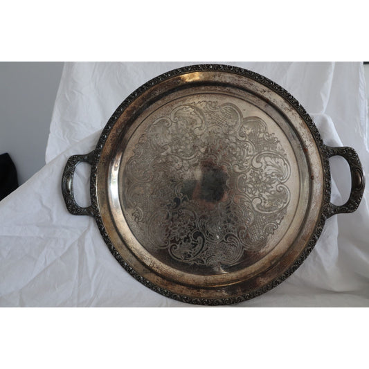 Antique Butler Tray Round Silver Plated Tray with Handles Serving Silver Plated Tray Ornate Engraved Platter 17"