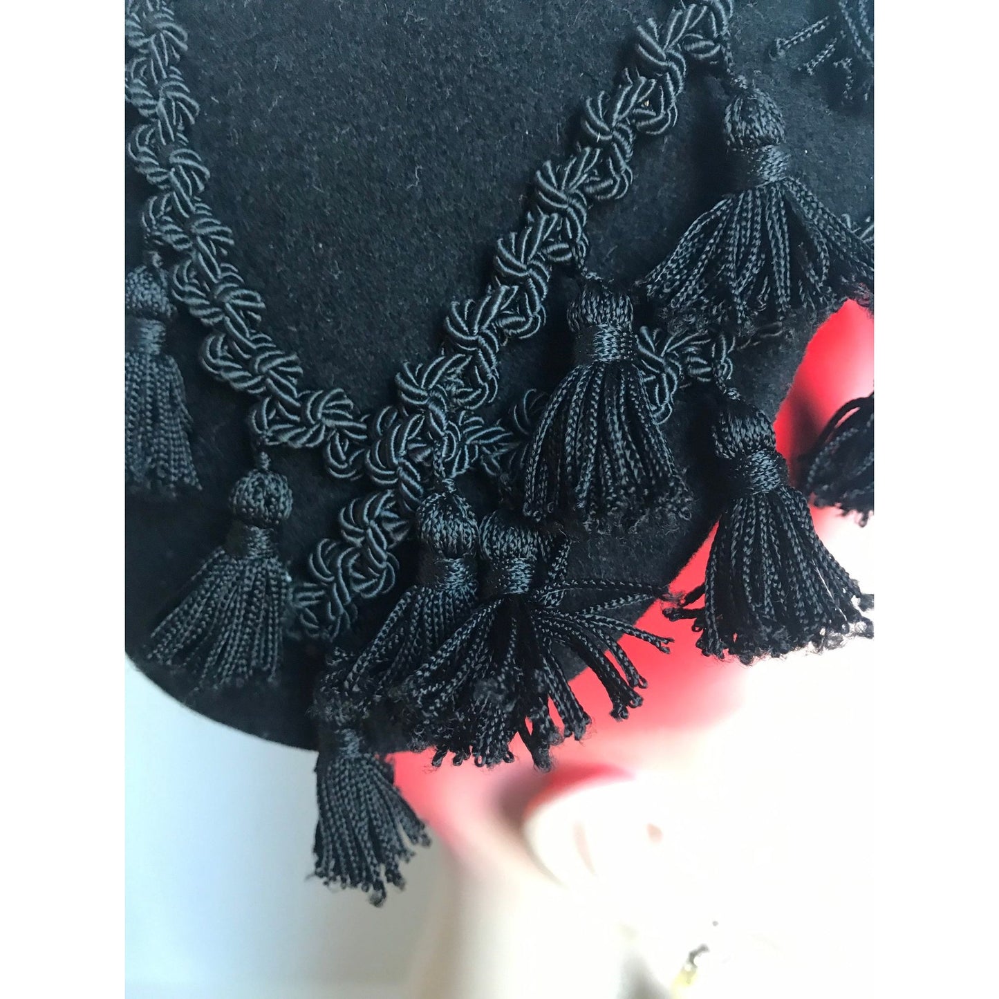 Vtg 1950's Henry Pollak, Inc. Glencove 100% Wool Black Woven Brick Brack Tassel Hat Size S/M