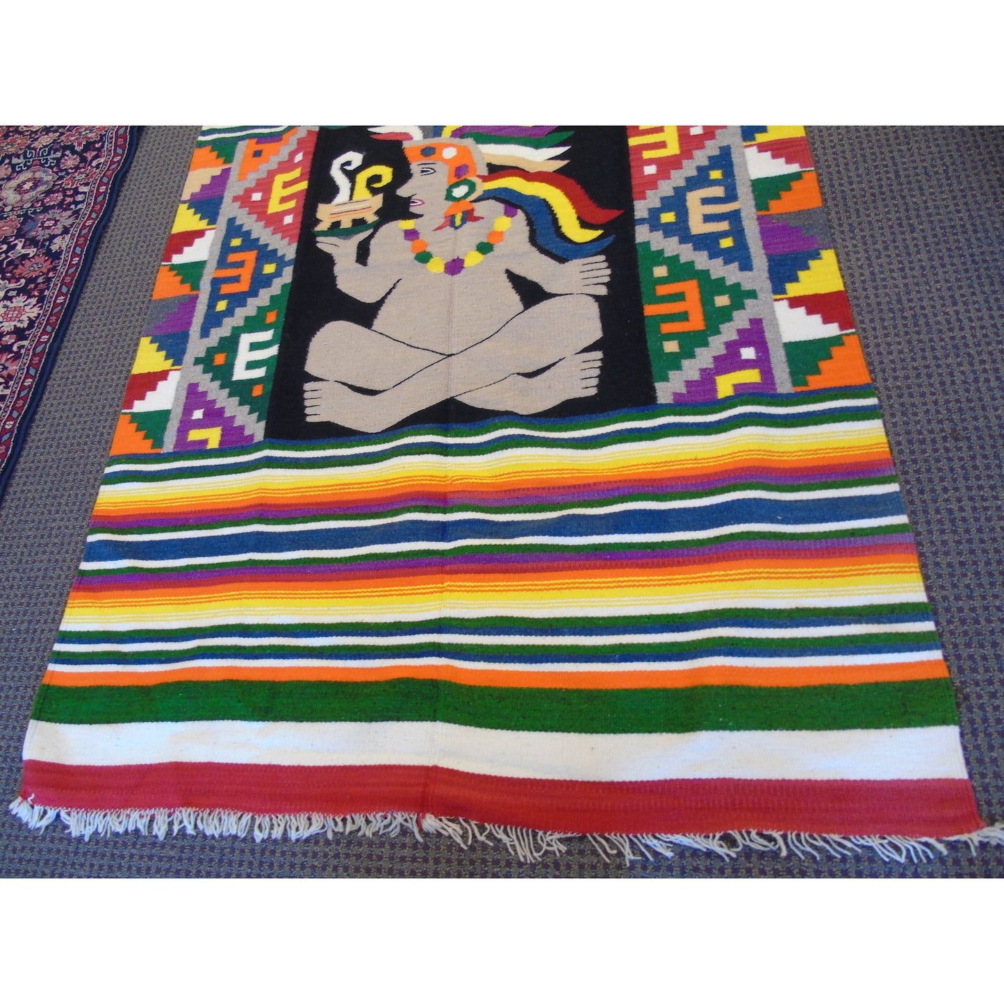 Vintage Mayan Aztec Area Rug Wool With Tight Weave And Fringe God With Fire 6' 9" x 4" 5"