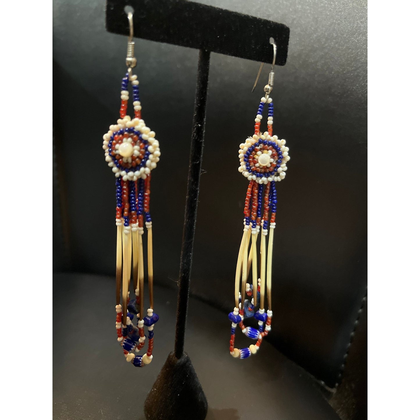 Vtg 1970's Dangle Earrings Circle Made Of Trade Beads & Porcupine Quills Pan Tribal Wire Pierced Handmade