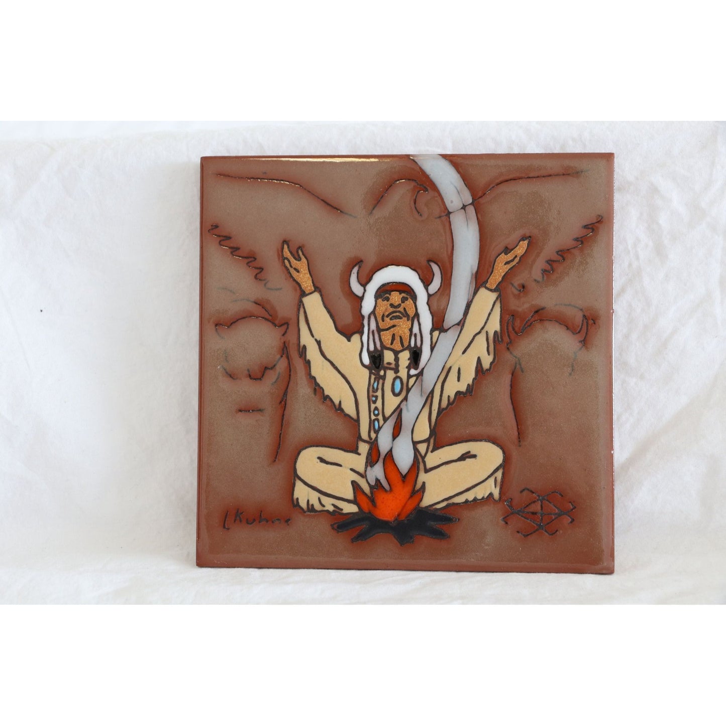 Vintage 1984 Leone Kuhne Earthtones Tile Navajo Indian Shaman And Fire Hand Painted & Signed New 6"