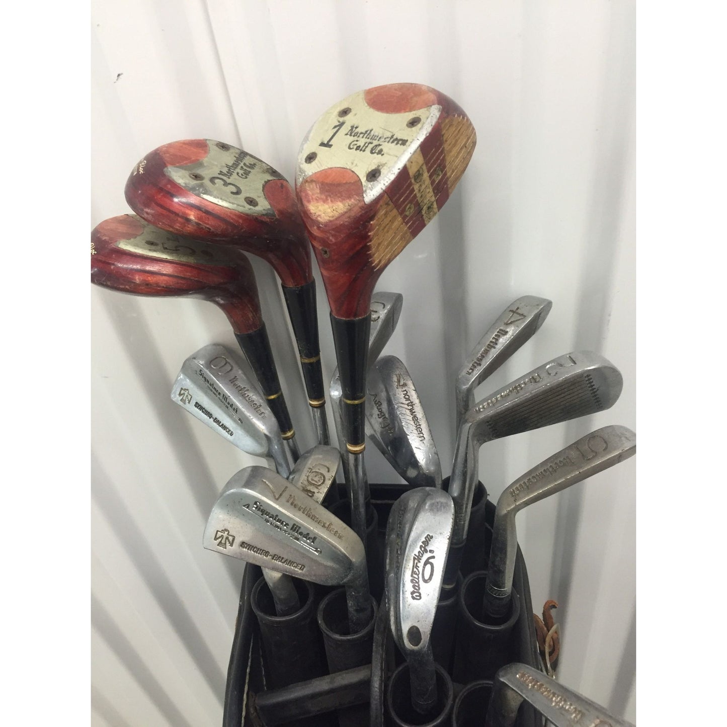 Vtg 1960's Northwestern Golf Co. Golf Folding Rolling Cart / Bag / 13 Clubs / Plastic Tubes / Cowhide Head Covers