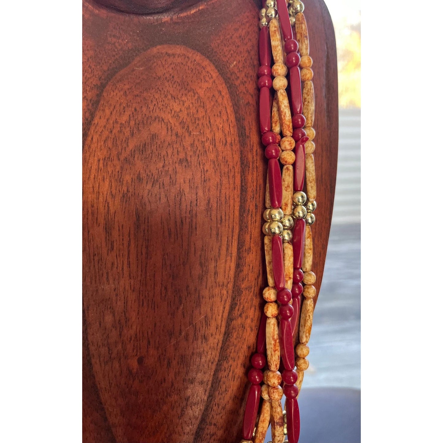 Vintage Guatemala Indigenous Trade Beads 6 Strand Necklace 29 1/2" Various Size Beads Red Gold Marbled