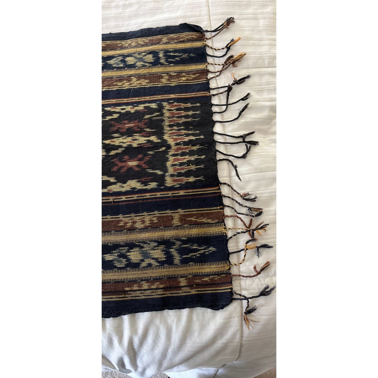 Vintage Museum Quality Sumba Ikat Wall Hanging Natural Dyes Tribal Figures Indonesia Hand Twisted Fringe Blues Browns