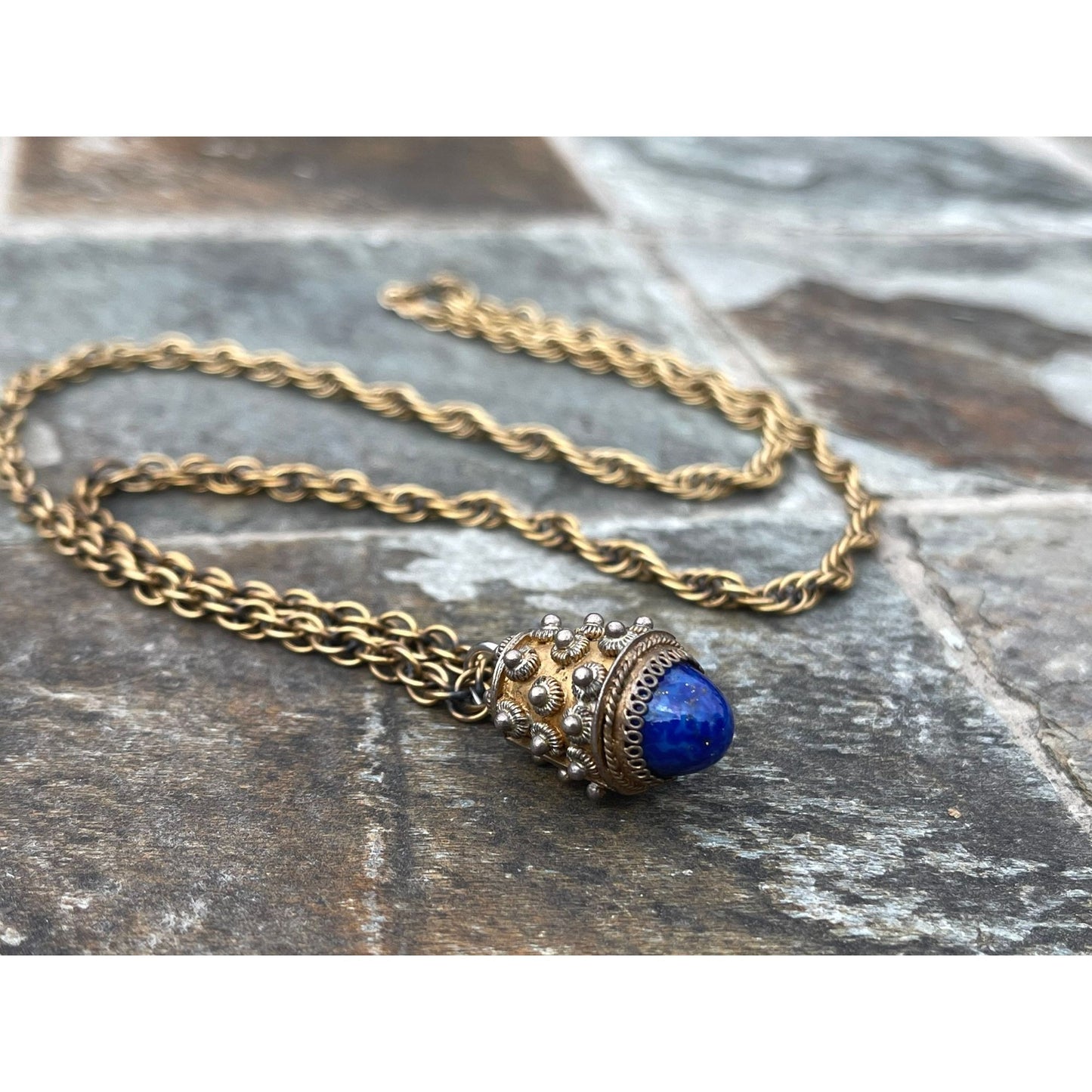 Vtg 1960's Italian Handmade Filigree Semi Precious Blue Stone Pendant Barrel Charm Necklace