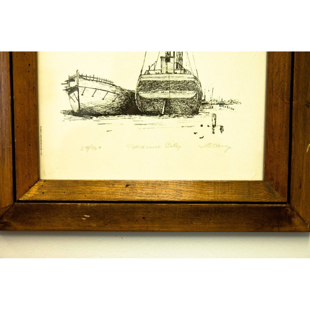 Vtg 1980's “BELLE RIVER” Ship Great Lakes Artist J. Clary 59/180 Signed Framed Black & White Maritime Art