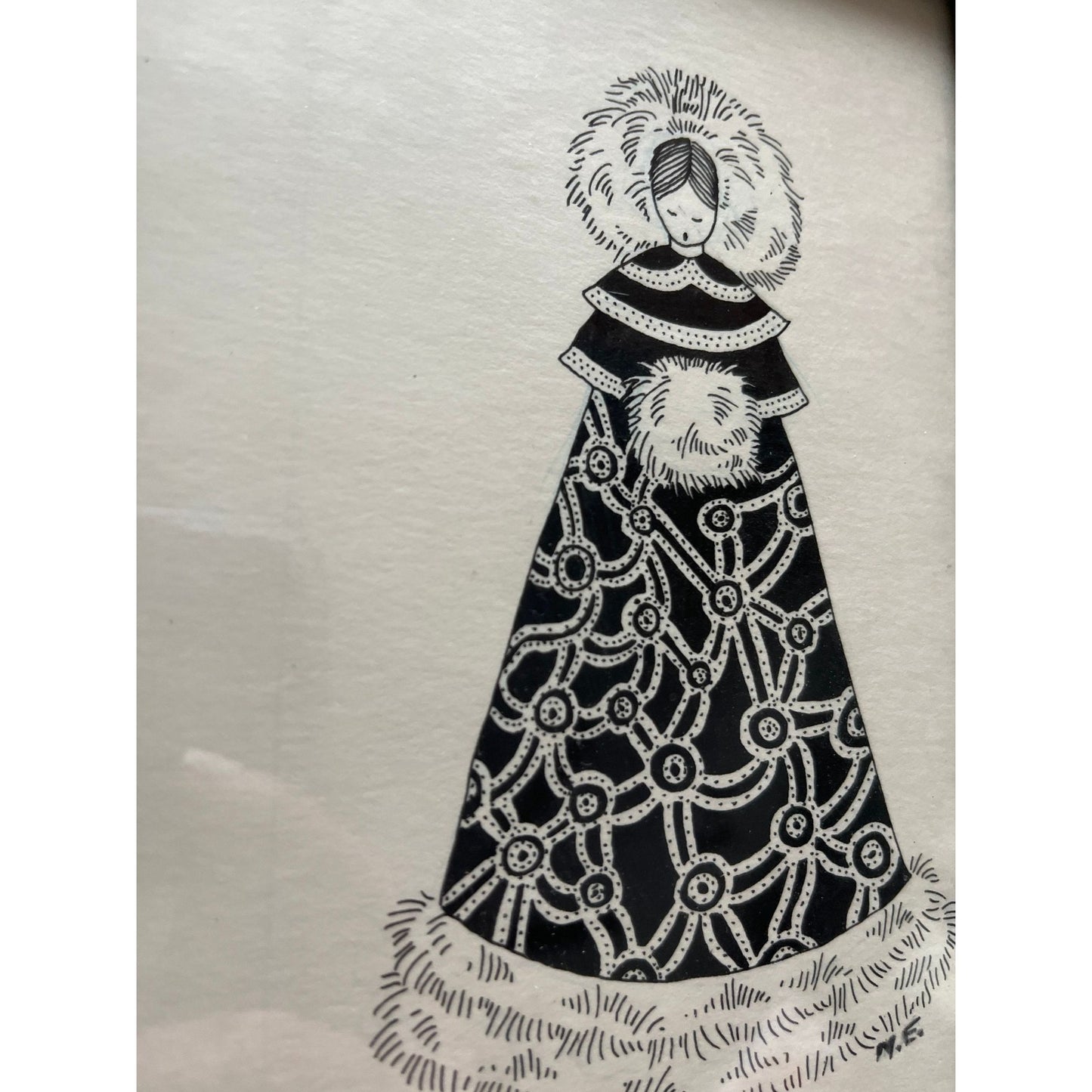 Vtg 1970's Detroit Artist Mary Ewald Pen And Ink Art Female Elegantly Dressed Signed M. E. Winter Gown Muff & Hat