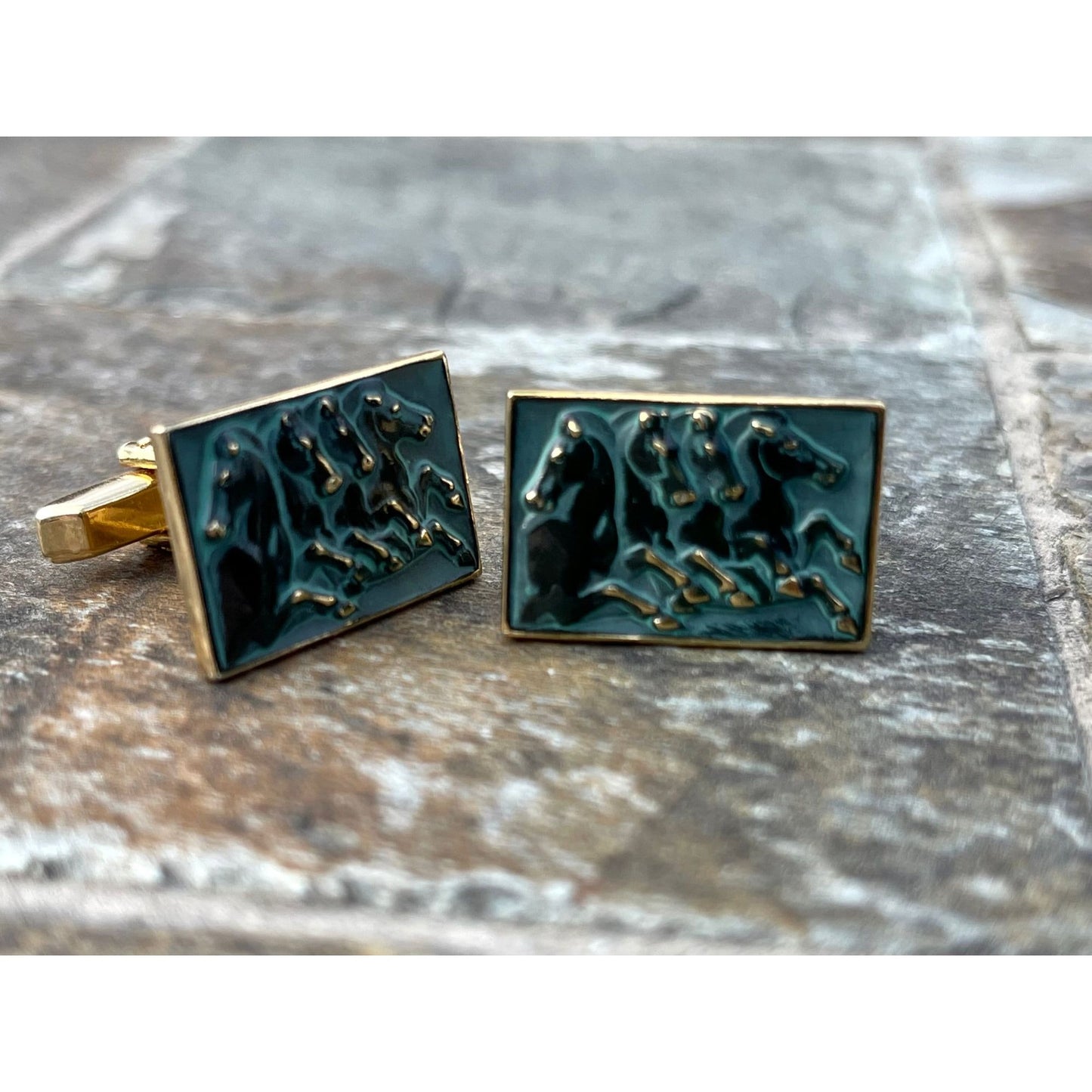 Vtg Equestrian 4 Horses Black Patina Enamel Cuff Links Gold Plate One Of A Kind Rectangle