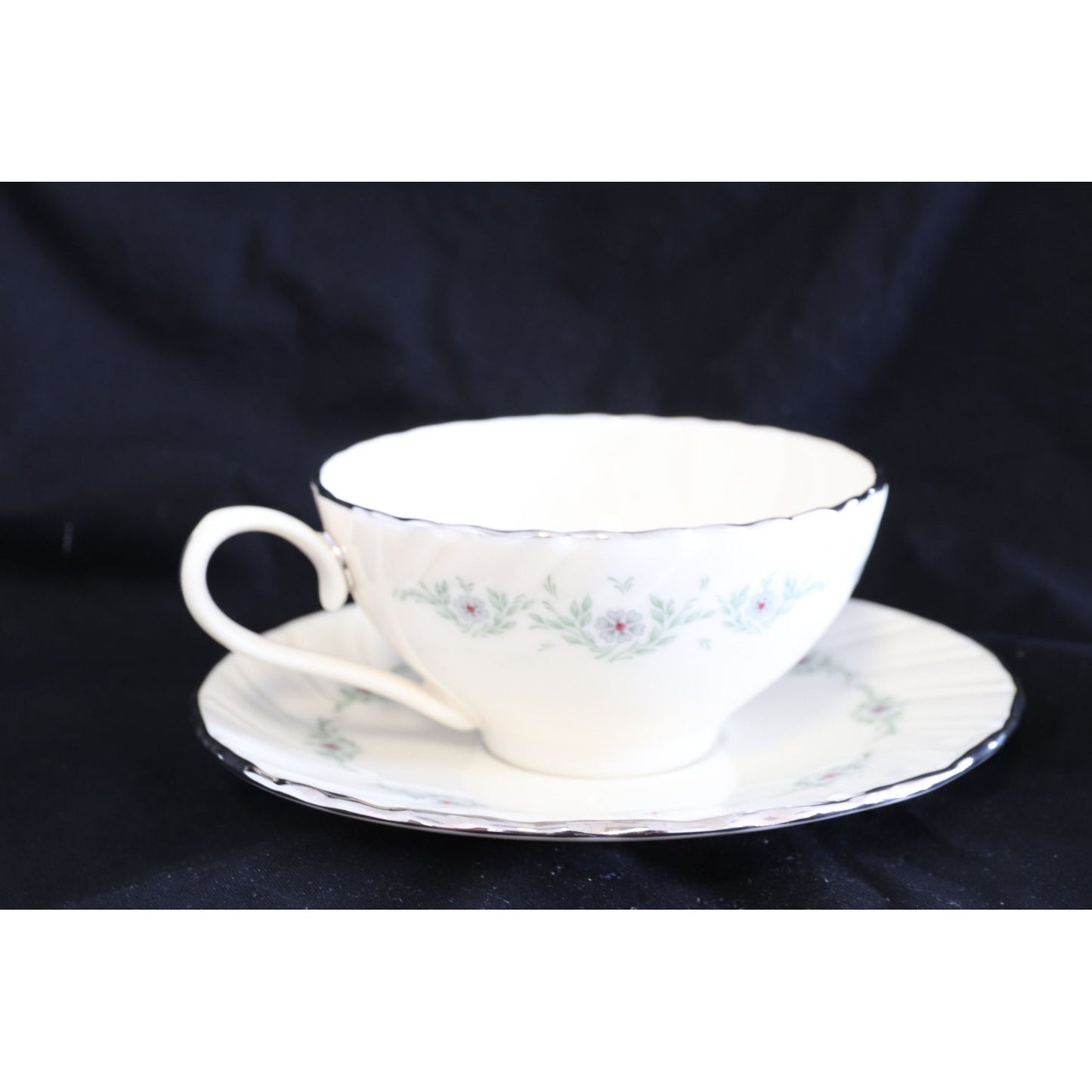 Musette by Lenox Flat Cup And Saucer 2 1/8" Plate Gray Flowers, Green Leaves, Swirled New