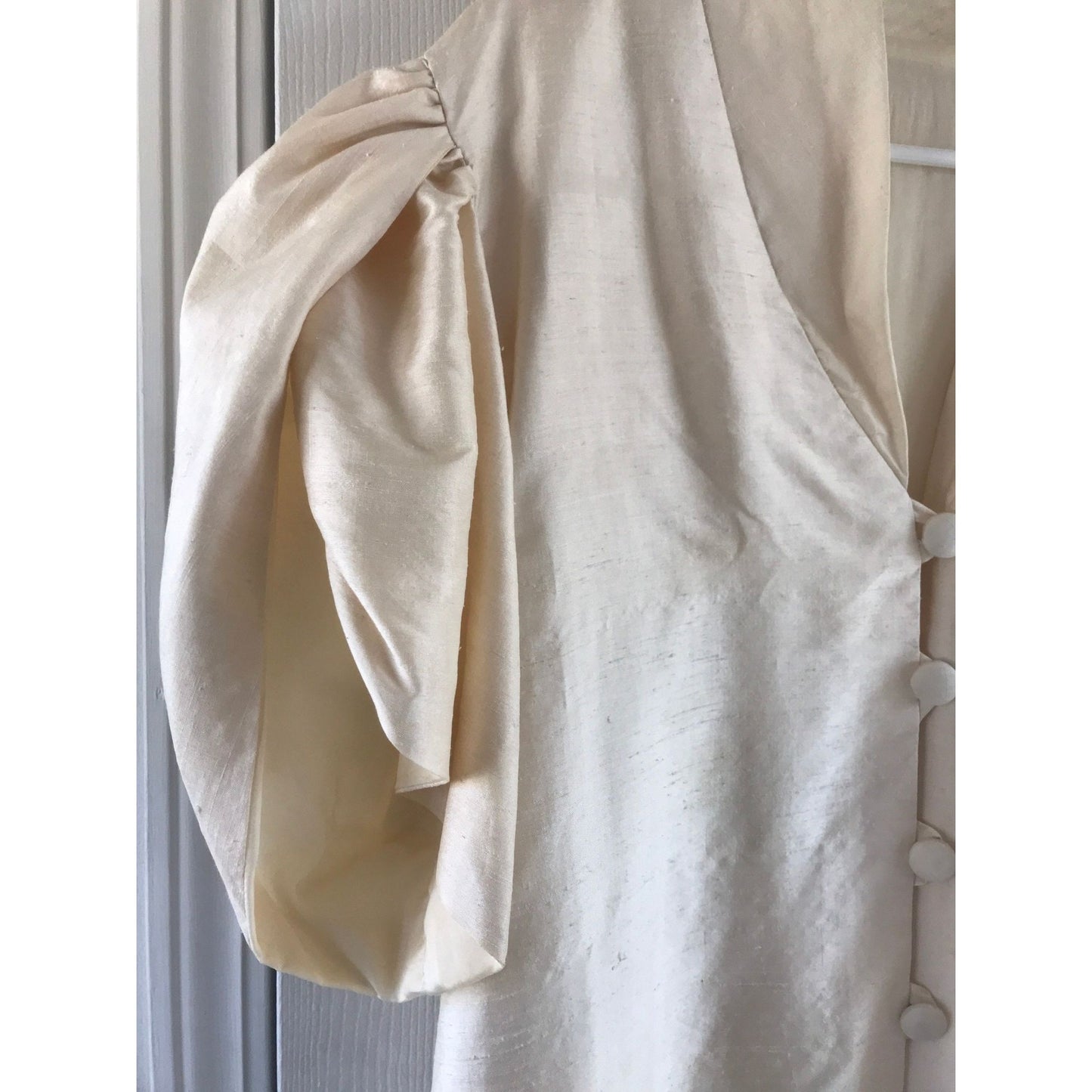 Vtg Tulip 1980’s Women’s Formal Mother Of The Bride Dress Raw Silk Handmade Ivory Front Button Closure L