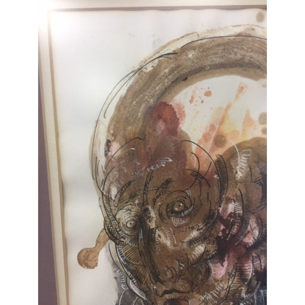 Abraham Ramirez Painting "A Face", Watercolor And Ink On Paper, Signed '71 Mexico