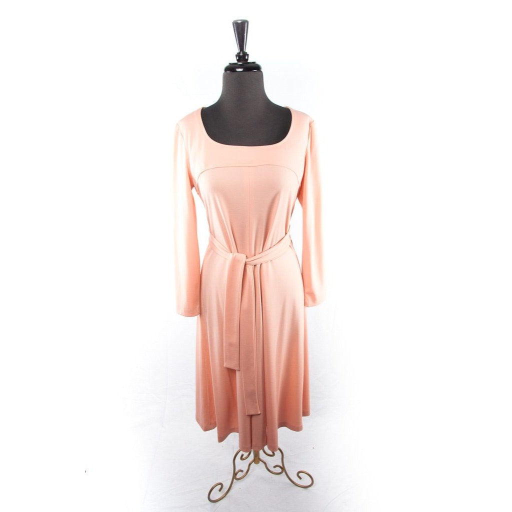 Vintage 1970's Peach Salmon Midi Dress Long Sleeve With Belt Size 11-12