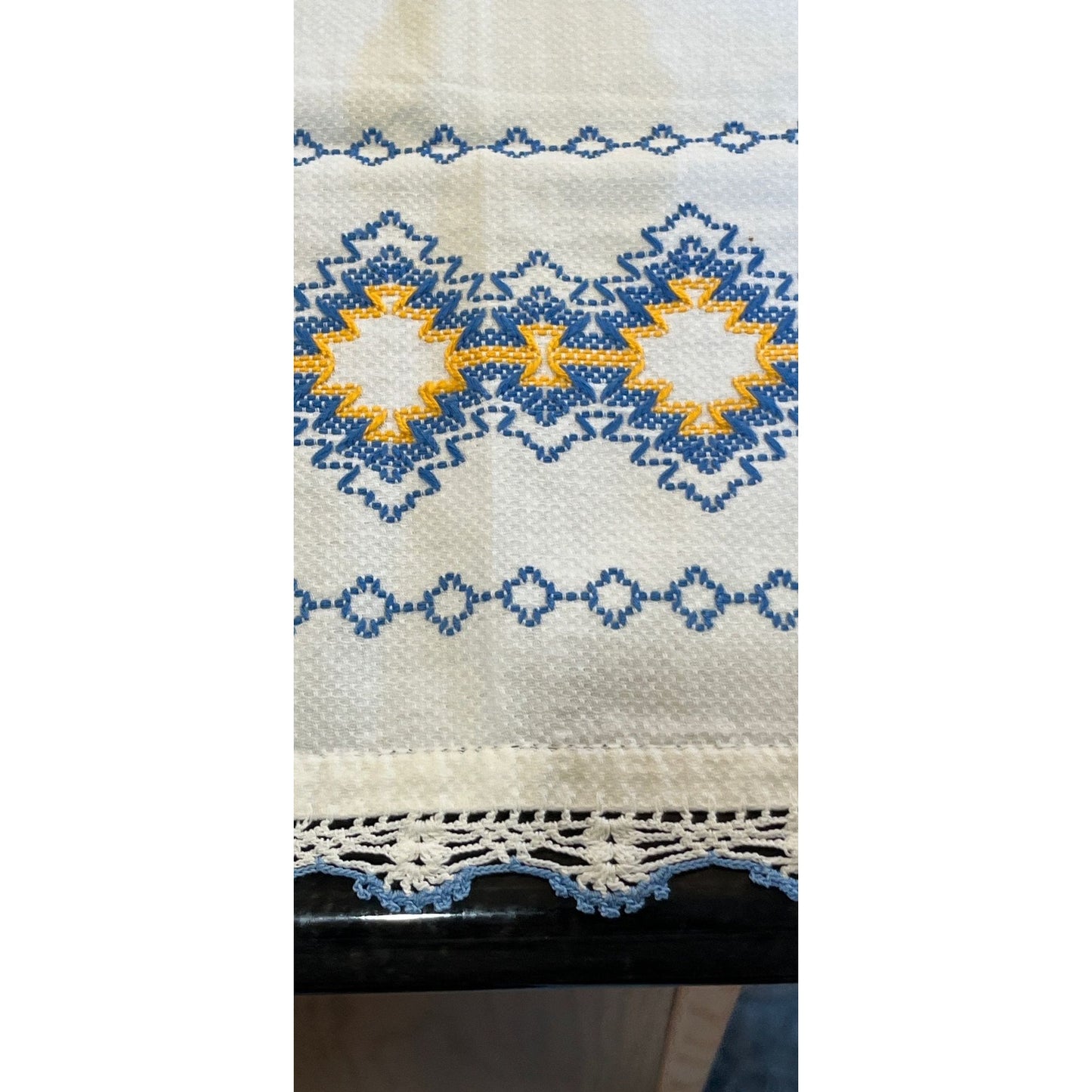 Vtg Handmade Romanian Decorative Table Runner Blue Yellow Hand Embroidered & Crocheted Folk Romanian Textile Intricate Pattern Cotton