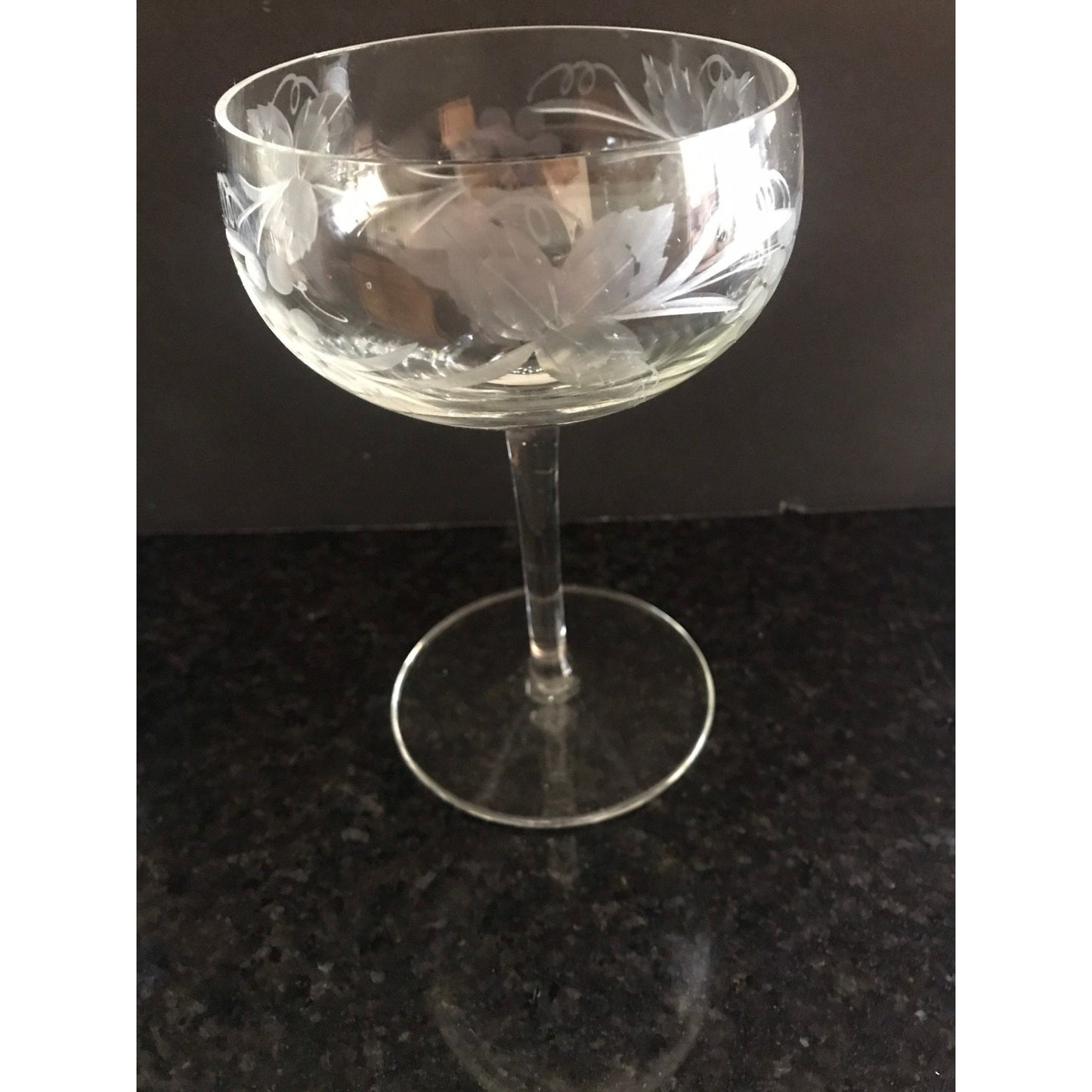 Vtg 1960's Total Of 5 Available Etched Clear Crystal Champagne Stems Made in Romania Grape & Leaves Motif