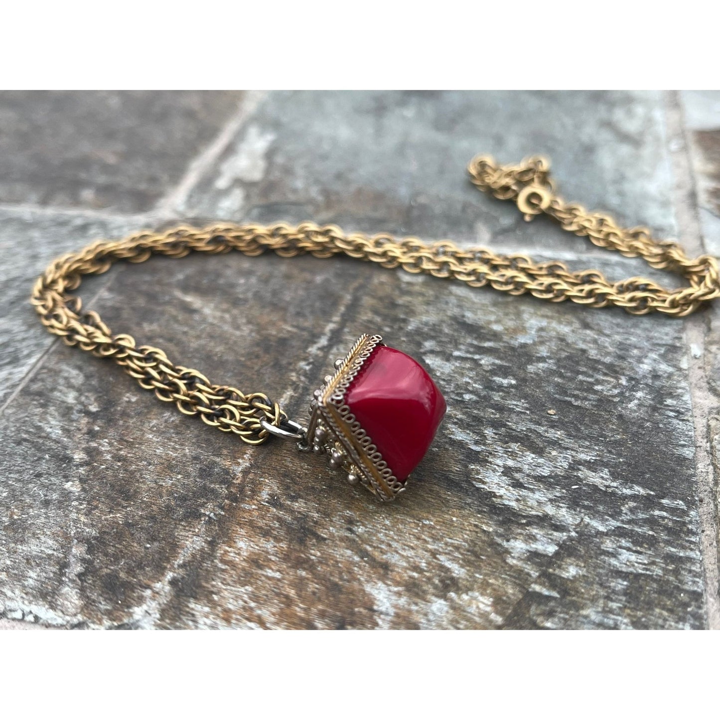 Vtg 1960's Italian Handmade Filigree Semi Precious Red Stone Pendant Square Charm Necklace