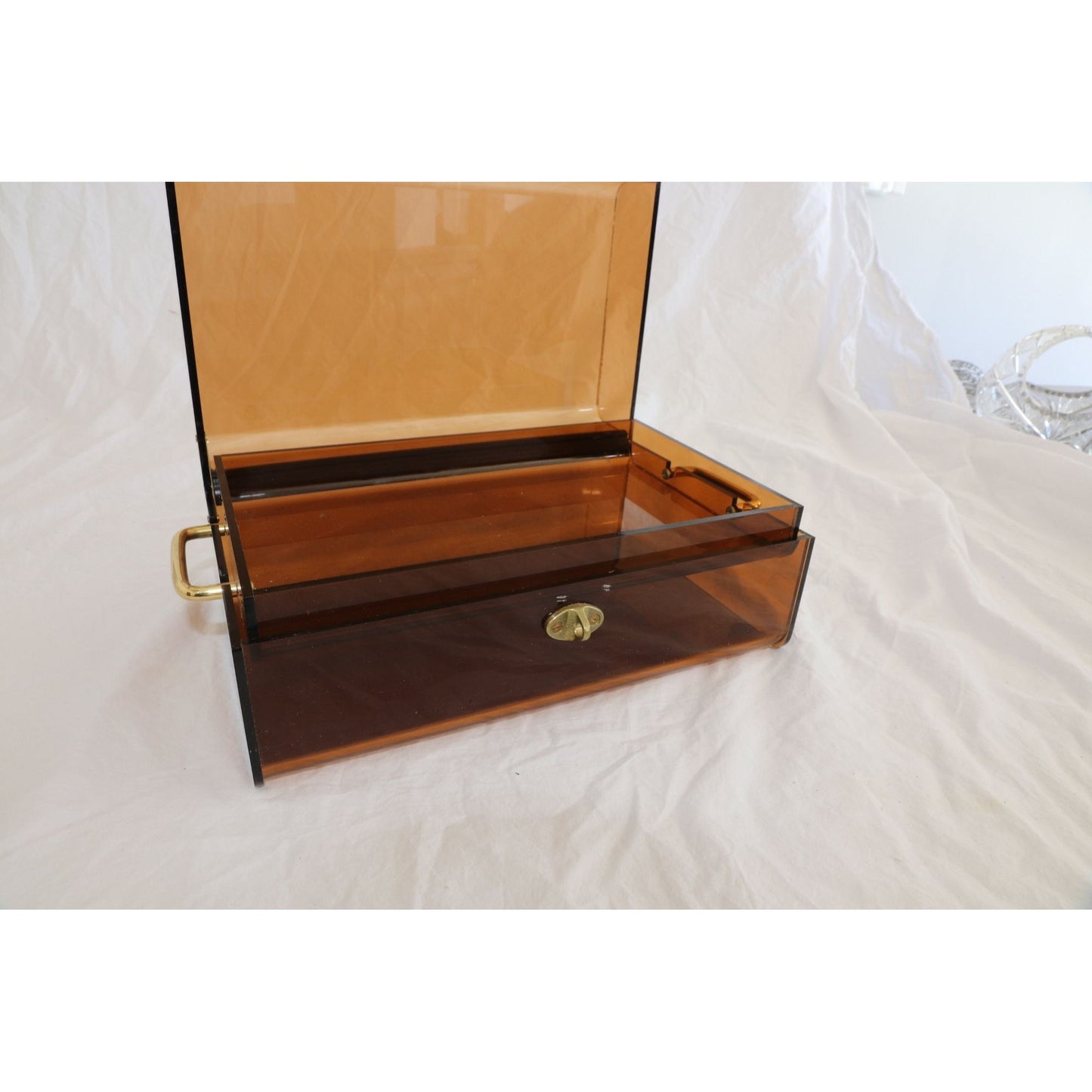 Vintage Brown Acrylic Jewelry Box Brass Lock Hardware With Tray Mid Century Prop For Aramis Cologne