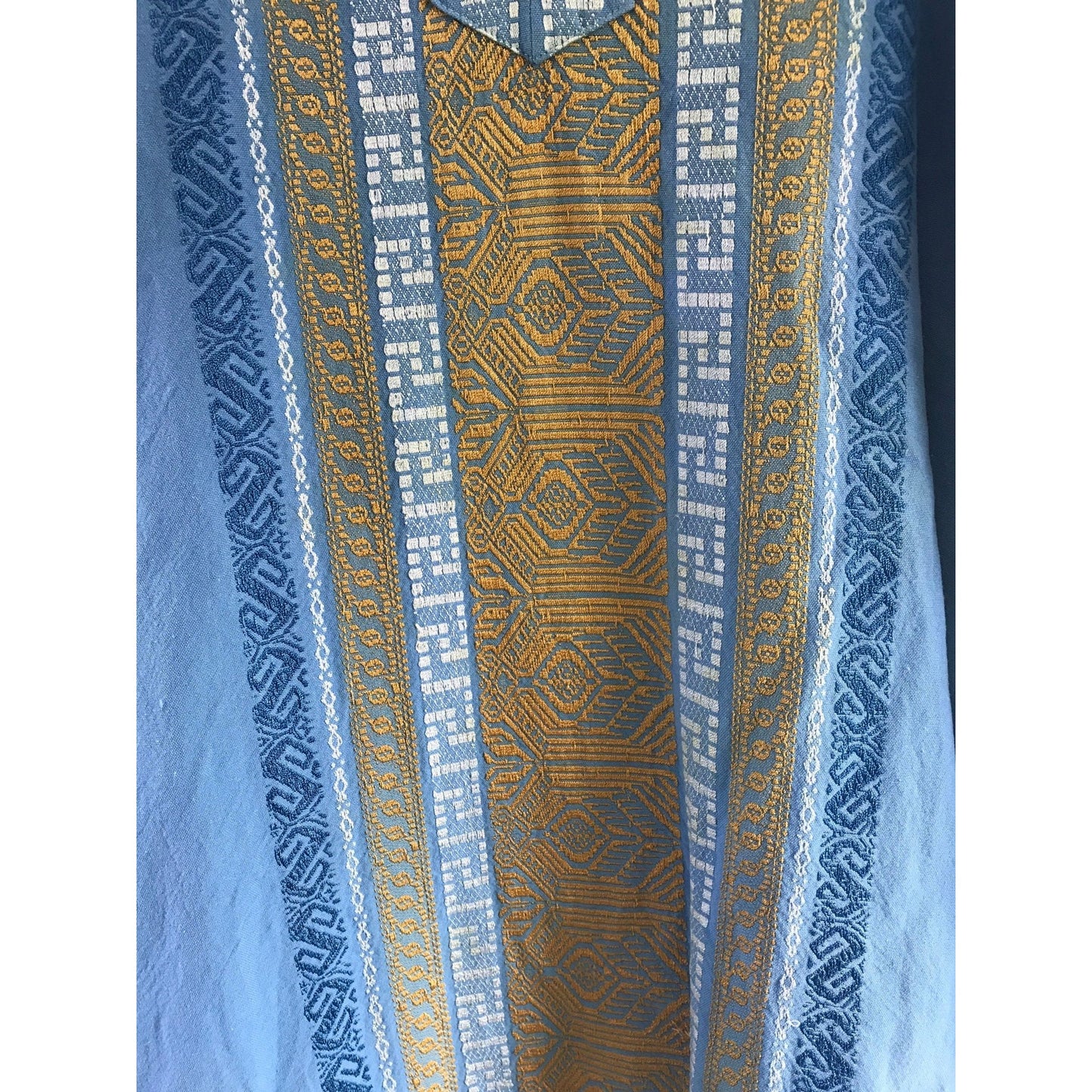 Vtg 1973 Alex Condarinis Designer Maxi Kaftan Dress Mykonos Greece Handmade Hand Dyed Blue Gold White Hand Woven