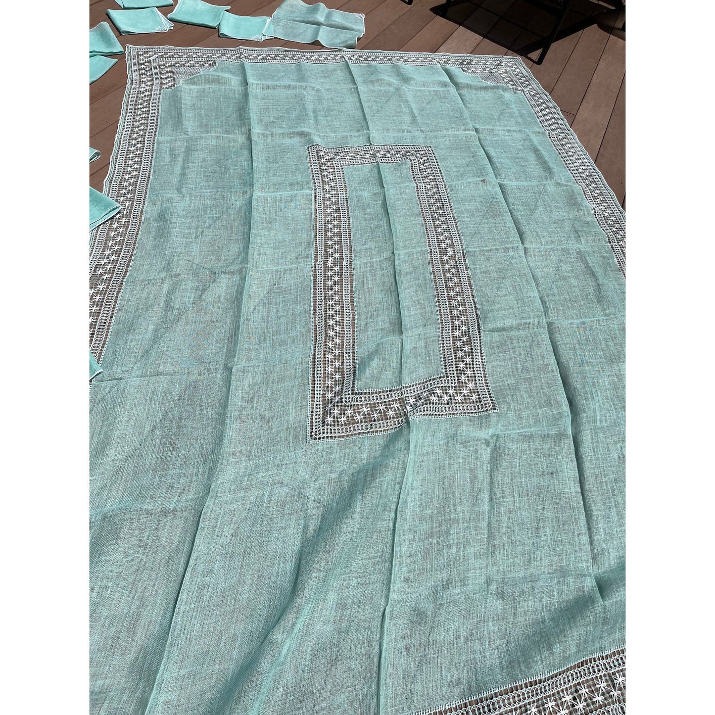 Vtg Linen Large Rectangle Assisi Italy Stitching Sea Foam Green Tablecloth 180" x 270" + 12 Napkins Handmade New