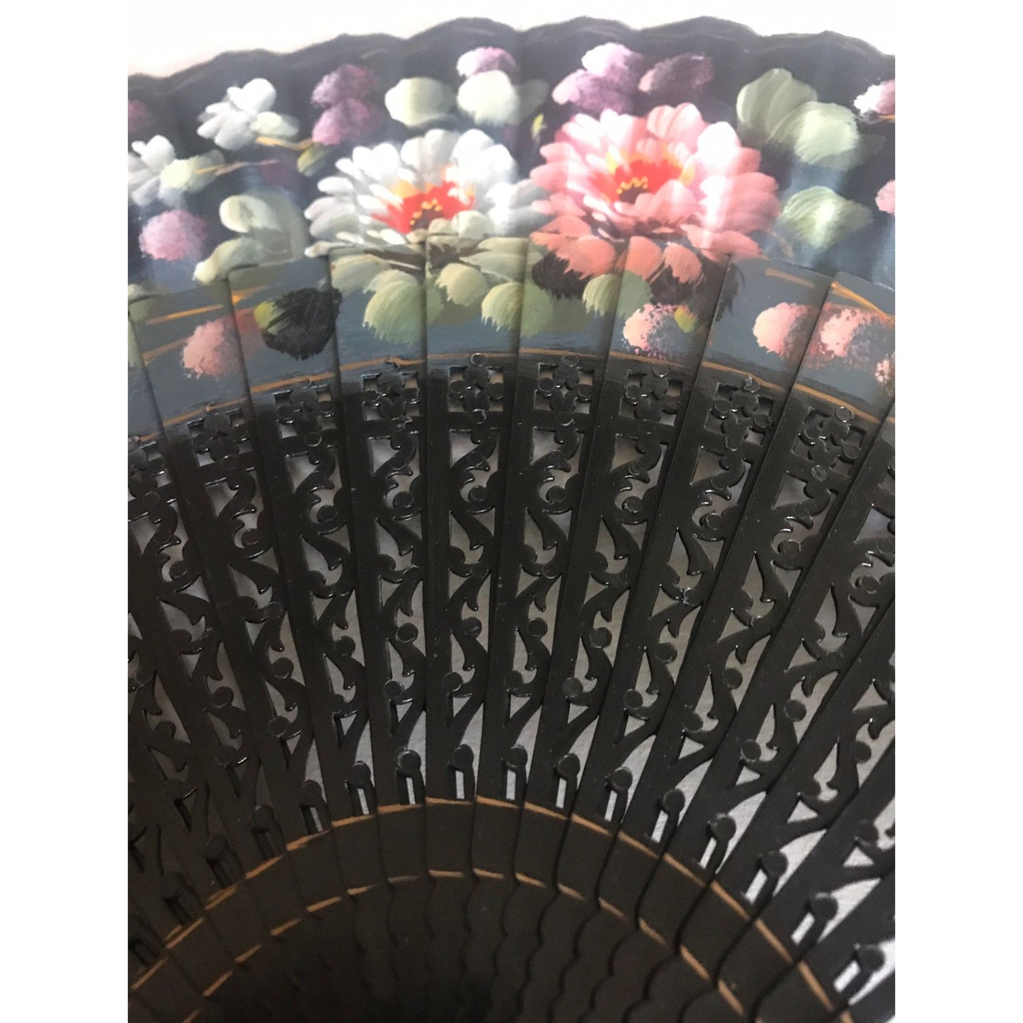 Vintage Hand Held Silk Paper Fan Signed By the Artist Black With Hand Painted Floral  In Oil Paint